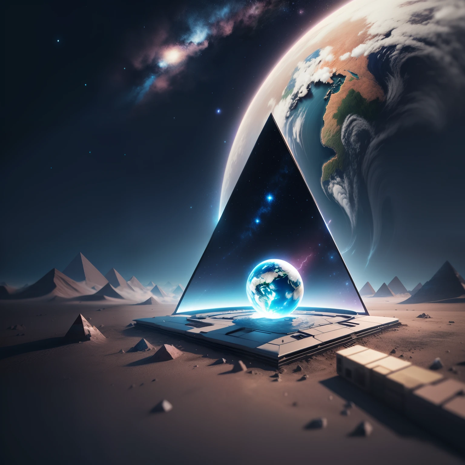 TESLA Log for referal code geometrical glitch pyramid!!!!!!!!!!!!!!!!!! spherical illuminated crystal at the earth, at the highest point on earth, octane render, concept art, unreal engine 5, 4K