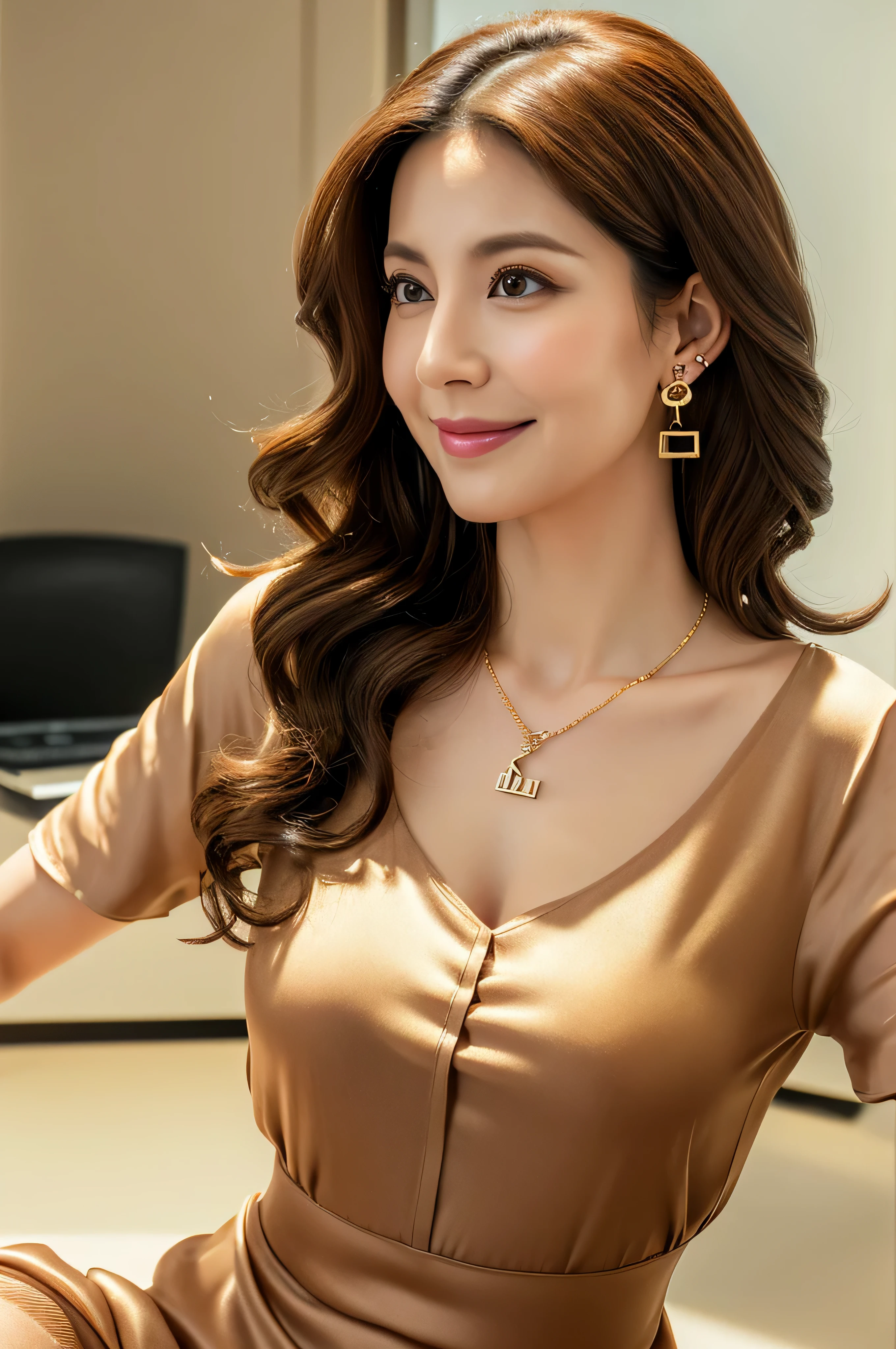 (Raw photo:1.2), (Photorealsitic), Beautiful detailed, (Real: 1.4), ighly detailedな目と顔, beatiful detailed eyes, Standing in the office、(Ultra-realistic pantyhose、high-heels)、huge filesize, hight resolution, ighly detailed, top-quality, [​masterpiece:1.6], illustratio, ighly detailed, nffsw, finely detail, top-quality, 8k wallpaper, 1 milf, 43 yeas old, perfect body type, Cute sagging eyes,Beautiful big eyes、Pieckfinger, ((masutepiece)), Best Quality, 1 milf, eye shadow, Portrait, ((FULL BODYSHOT:1.4))、(Very affectionate smile:1.2)、((Brown-colored super long hair:1.2))((Loose and wavy hair:1.3))((Gold Necklace＿large earring:1.3))Bewitching beautiful mature elite secretary in luxurious silk blouse、Wearing a satin blouse, ultra-thin fabric、smooth、See-through fabric、Standing gracefully、(Raw photo:1.2), (Photorealsitic), Beautiful detailed, (Real: 1.4), ighly detailedな目と顔, beatiful detailed eyes, Standing in the office、(Ultra-realistic pantyhose、high-heels)、huge filesize, hight resolution, ighly detailed, top-quality, [​masterpiece:1.6], illustratio, ighly detailed, nffsw, finely detail, top-quality, 8k wallpaper, 1 milf, 43 yeas old, perfect body type, Cute sagging eyes,Beautiful big eyes、Pieckfinger, ((masutepiece)), Best Quality, 1 milf, eye shadow, Portrait, ((FULL BODYSHOT:1.4))、(Very affectionate smile:1.2)、((Brown-colored super long hair:1.2))((Loose and wavy hair:1.3))((Gold Necklace＿large earring:1.3))Bewitching beautiful mature elite secretary in luxurious silk blouse、Wearing a satin blouse, ultra-thin fabric、smooth、See-through fabric、