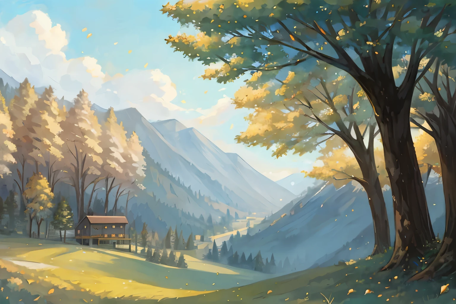a white deer,Green pupils,antlers,Lovely shota,standing on the grassland,Idyllic village,vast sky,Giant trees,Falling leaves,hillside,flowing robe,Green décor,