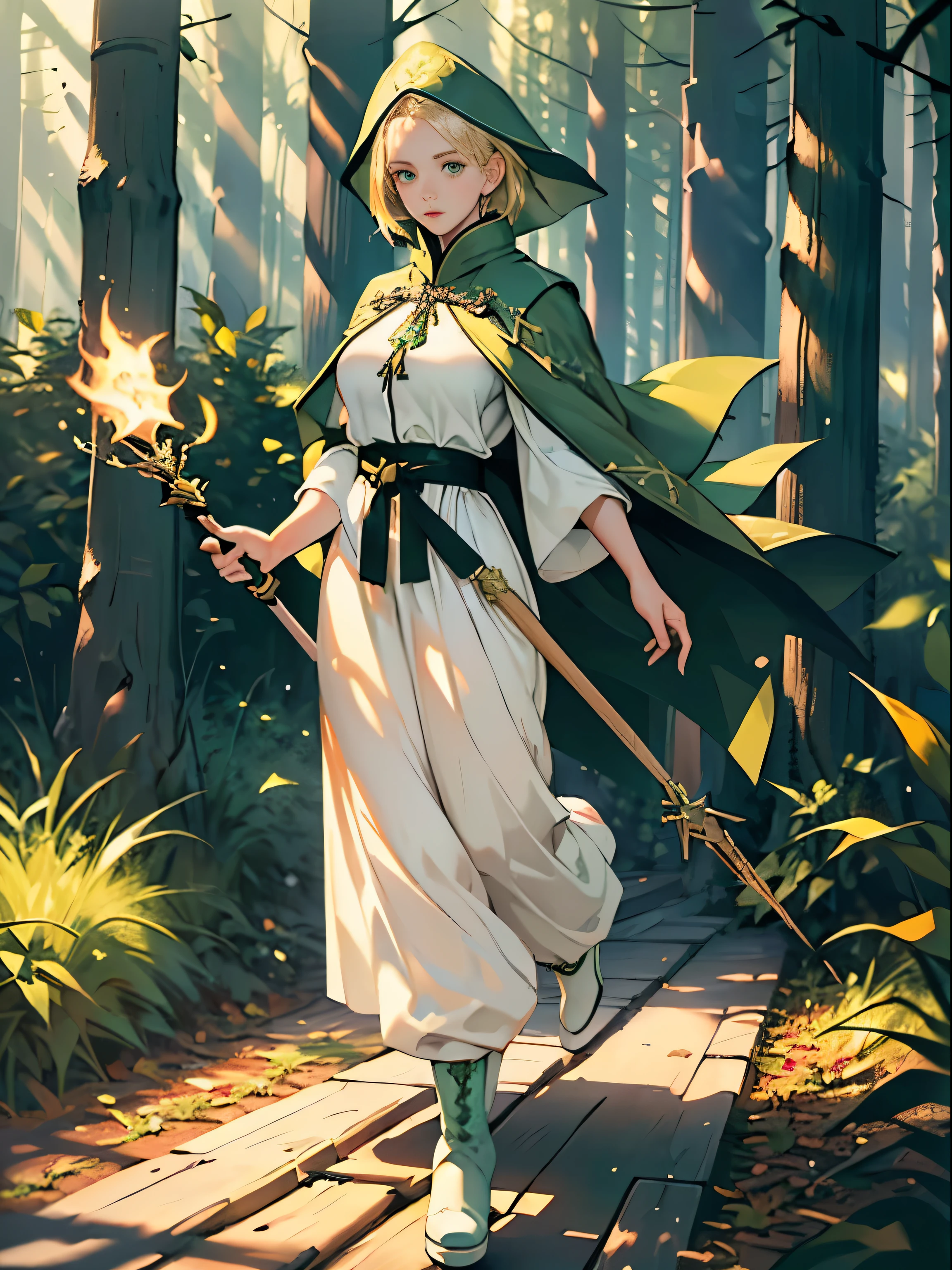 masterpiece, super detailed, 8K portrait, RAW photo, portrait photography, highly detailed face, beautiful and detailed eyes, ((fantasy)), young and beautiful, dynamic pose, (((short straight blonde hair))), ((priest)), white skin color, frugal girl, Wooden Necklace, Clergy's hat, (((dull green priest cloak))) fluttering in the wind, (((white tunic))), (((cropped pants)), (((Low boots))), ((holding a long wooden cane)), midday sun, surreal, body model, big breasts, beautiful breasts, long legs, ambient lighting in the forest, shadow details , Focus the camera on the thigh, strong wind, light fog