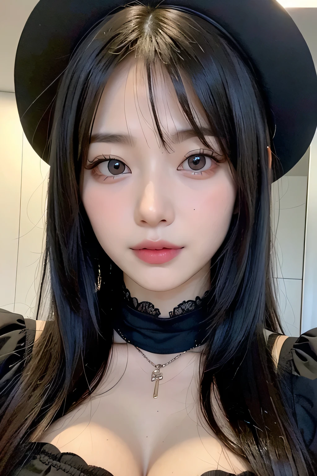 ８ｋ、High resolution、Kanban Lady、beautiful girl、gothic costume、young、white skin,、narrow eyes,high nose,lighting that illuminates the face、clear image、intellectual beauty、skinny、no makeup、anxious look、lighting that illuminates the face,shining hair、single eyelid,blue eyes、In the store、vivid pose、female clerk