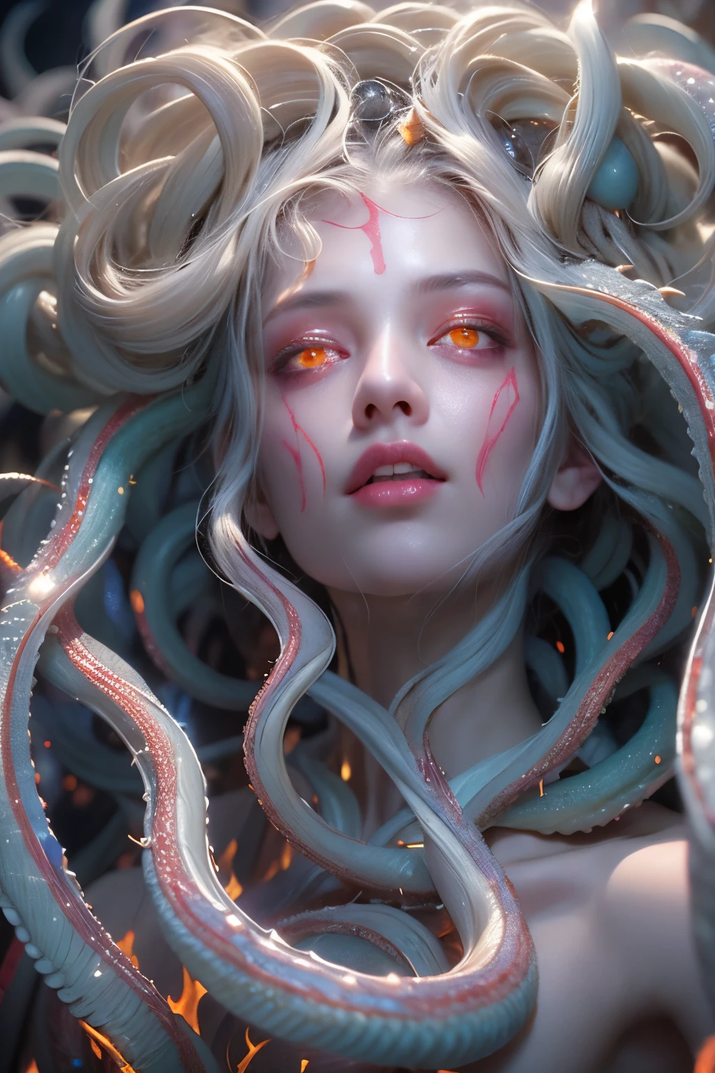 (1 female medusa-like mutant: 1.2), With a beautiful, enchanting face, this alien seduces us with her allure. Her captivating red eyes gleam brightly, reminiscent of burning embers. Her full body is unlike any human's, boasting a sexy, otherworldly form. No humans are present in this scene as she stands alone, her cells fused in a unique and intriguing extraterrestrial way.  (NSFW:1.0), moist skin, dream nautilus,
(extraordinary beautiful nude photo:1.4), (glowing matte black eyes:1.5), (sexy and glamorous:1.1), (coquettish expression:1.2), toned lean body, (muscular body:1.2), (beautiful abs:1.5), beautiful nipples,  She has lots of iridescent translucent tentacles instead of her hair, pale skin, (white skin with prominent veins:1.3), moist skin,
Lots of iridescent translucent tentacles adorn her body, shimmering under the dramatic lighting. Her pale skin, with a hint of translucency, adds to her ethereal allure. This masterpiece, rendered in