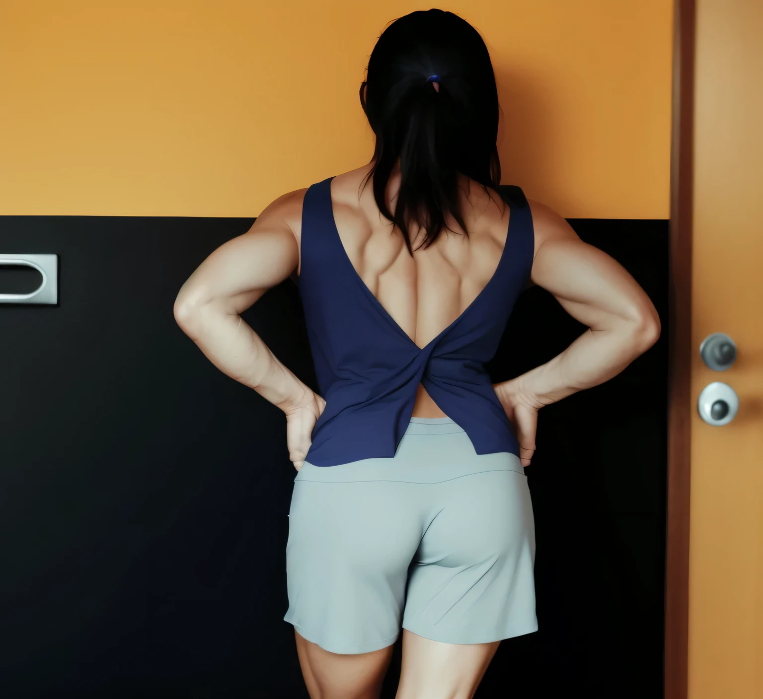 There's a woman in front of a door with her hands on her hips, vista traseira, vista traseira, pose de costas, vista traseira, vista traseira, Shot from behind, vestindo uma camiseta azul e shorts cinza claro, vista traseira!!, from behind, mulher de academia, apta. Mulher com pele branca e cabelos escuros. Ela tem cerca de 45 anos. Her pink lips, seus olhos castanhos escuros, grande e charmoso. Corpo fino, cintura fina. Your body exudes glamor and your face is the definition of beauty. altamente realista, lindo, pink lips, pink lipstick, sorridente, feeling of lightness and joy, pele muito elaborada. foto clara, alta qualidade, high resolution, obra de arte, 8K.
