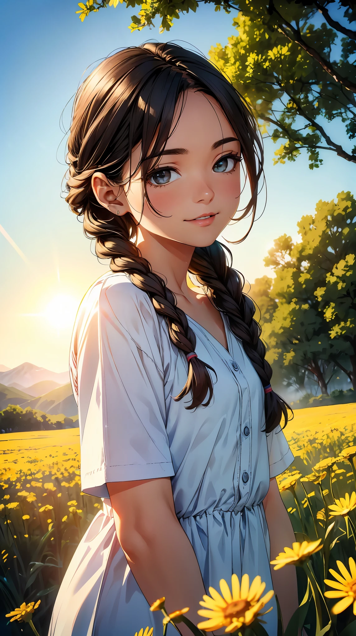 (8k, RAW photo, 最high quality, masterpiece:1.2), High-definition RAW color photo, Professional photo shoot, cinematic light, alone, (((young woman))), (detailed expression), (round eyes), (small face), (high detail skin:1.2), clavicle, cute face, beautiful appearance, long eyelashes, (brown hair, long braids, black eye), Rural areas, morning dew, sunbaked wheat field, Leisurely blooming dandelion, big smile under the bright sun, wearing light cotton clothes, blue shirt, gentle and natural. Magnificent view, Slowly flowing time, soft lighting, A gathering fog, the morning sun rises, Lens flare, shiny skin, perfect fingers, five fingers, anatomically correct, background bokeh, high quality, surreal, bright colors, ((Nikon, 135㎜, f/1.8, very detailed, photo shoot)),