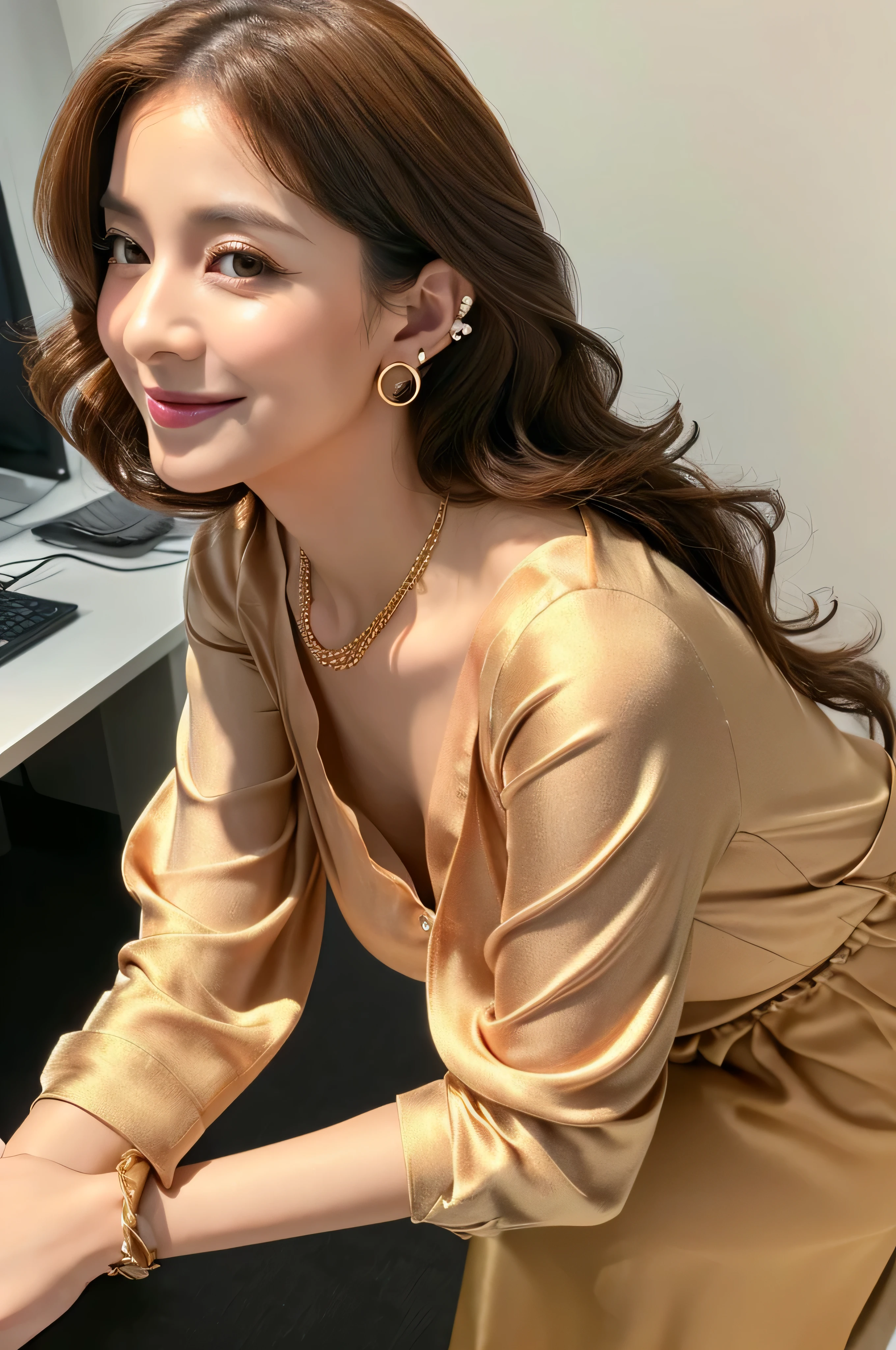 (Raw photo:1.2), (Photorealsitic), Beautiful detailed, (Real: 1.4), ighly detailedな目と顔, beatiful detailed eyes, Standing in the office、(Ultra-realistic pantyhose、high-heels)、huge filesize, hight resolution, ighly detailed, top-quality, [​masterpiece:1.6], illustratio, ighly detailed, nffsw, finely detail, top-quality, 8k wallpaper, 1 milf, 43 yeas old, perfect body type, Cute sagging eyes,Beautiful big eyes、Pieckfinger, ((masutepiece)), Best Quality, 1 milf, eye shadow, Portrait, ((FULL BODYSHOT:1.4))、(Very affectionate smile:1.2)、((Brown-colored super long hair:1.2))((Loose and wavy hair:1.3))((Gold Necklace＿large earring:1.3))Bewitching beautiful mature elite secretary in luxurious silk blouse、Wearing a satin blouse, ultra-thin fabric、smooth、See-through fabric、Standing gracefully、fullbody shot、((full figure supermodel standing, entire body in frame))Pleated skirt with many checked folds、