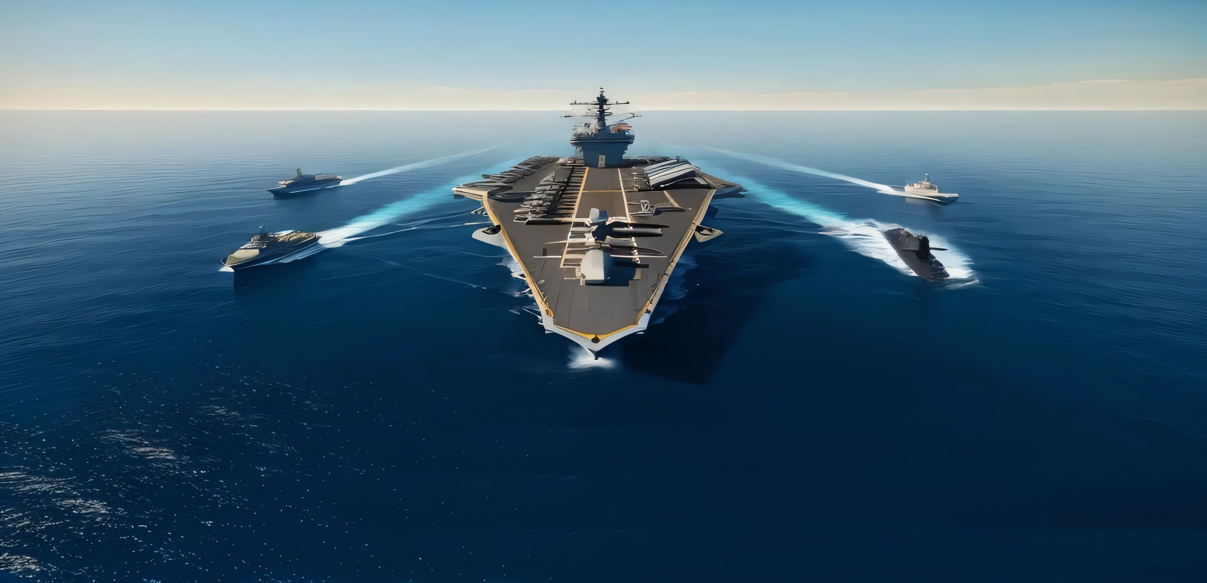 arafed navy Boat in the middle of the ocean with several smaller Boat, Realistic military aircraft carrier, aircraft carrier, aircraft carrier scene, Realistic warBoat design, Nimitz, Military aircraft carrier equipment, rendering of checkmate, mobile wallpaper, warBoat, rendering, HQ 4K mobile wallpaper, cgi rendering, navy background, Amazing wallpapers, Boat, CG art