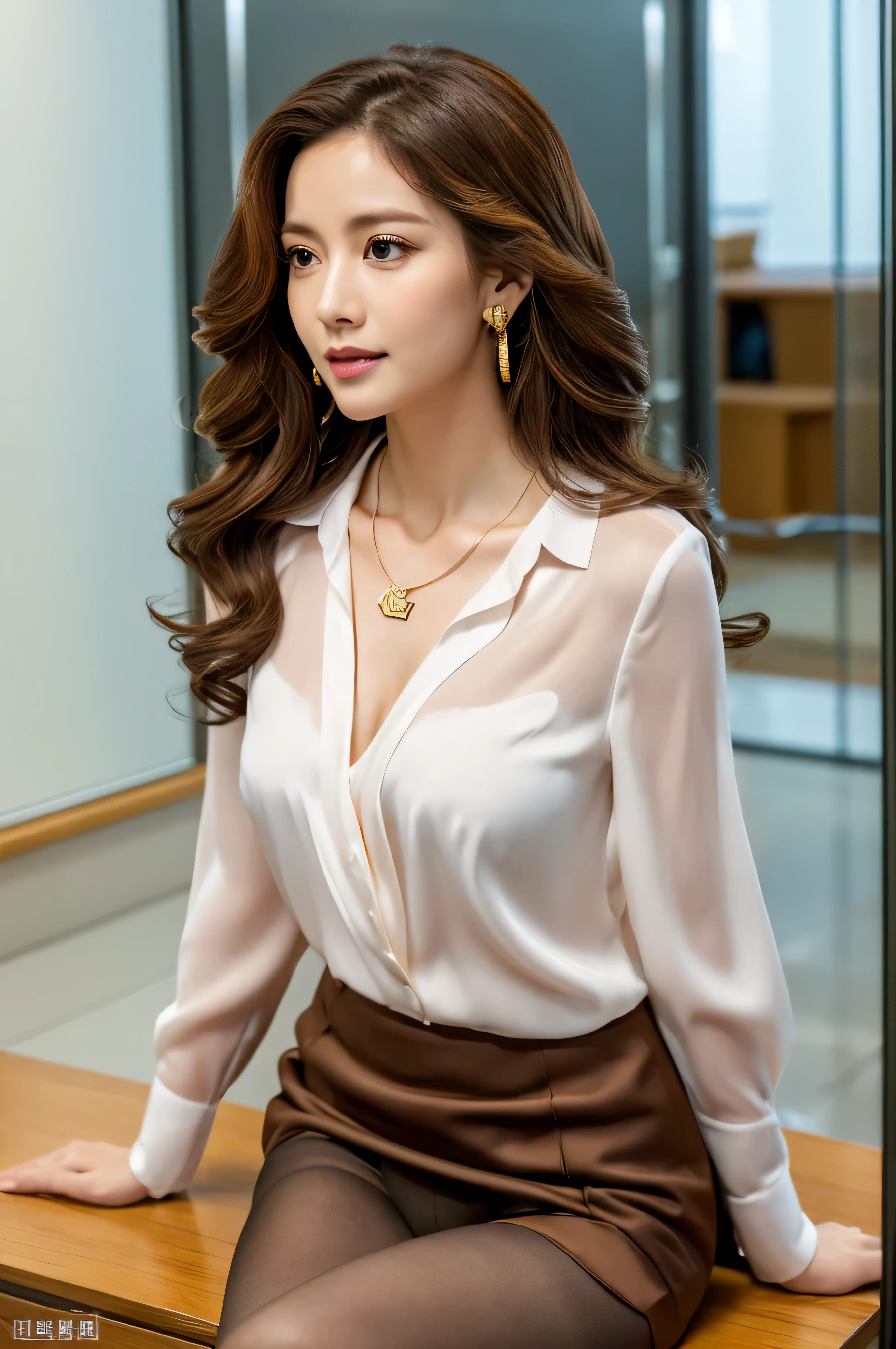 (Raw photo:1.2), (Photorealsitic), Beautiful detailed, (Real: 1.4), ighly detailedな目と顔, beatiful detailed eyes, Standing in the office、(Ultra-realistic pantyhose、high-heels)、huge filesize, hight resolution, ighly detailed, top-quality, [​masterpiece:1.6], illustratio, ighly detailed, nffsw, finely detail, top-quality, 8k wallpaper, 1 milf, 43 yeas old, perfect body type, Cute sagging eyes,Beautiful big eyes、Pieckfinger, ((masutepiece)), Best Quality, 1 milf, eye shadow, Portrait, ((FULL BODYSHOT:1.4))((Brown-colored super long hair:1.2))((Loose and wavy hair:1.3))((Gold Necklace＿large earring:1.3))Bewitching beautiful mature elite secretary in luxurious silk blouse、Wearing a satin blouse, ultra-thin fabric、smooth、See-through fabric、Standing gracefully、fullbody shot、((full figure supermodel standing, entire body in frame))Pleated skirt with many checked folds、No expression、A slightly melancholy look