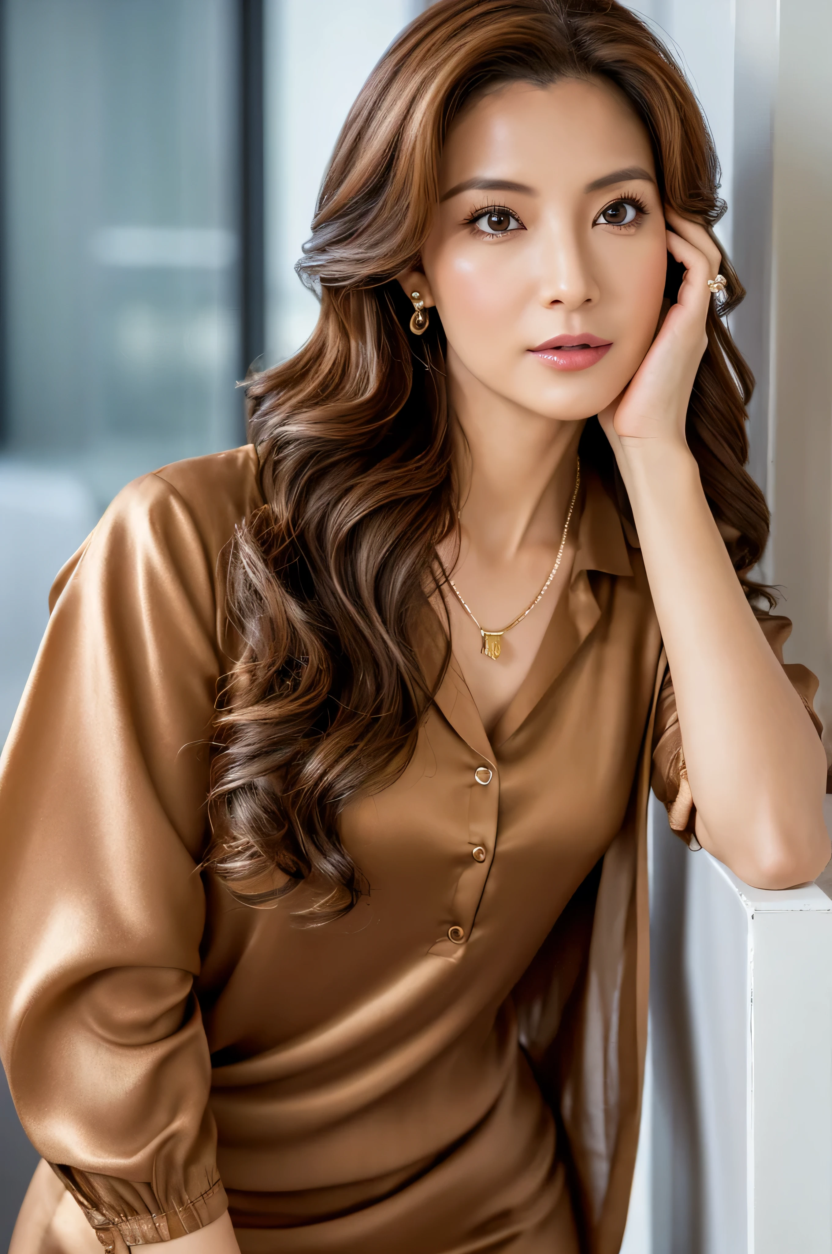 (Raw photo:1.2), (Photorealsitic), Beautiful detailed, (Real: 1.4), ighly detailedな目と顔, beatiful detailed eyes, Standing in the office、(Ultra-realistic pantyhose、high-heels)、huge filesize, hight resolution, ighly detailed, top-quality, [​masterpiece:1.6], illustratio, ighly detailed, nffsw, finely detail, top-quality, 8k wallpaper, 1 milf, 43 yeas old, perfect body type, Cute sagging eyes,Beautiful big eyes、Pieckfinger, ((masutepiece)), Best Quality, 1 milf, eye shadow, Portrait, ((FULL BODYSHOT:1.4))((Brown-colored super long hair:1.2))((Loose and wavy hair:1.3))((Gold Necklace＿large earring:1.3))Bewitching beautiful mature elite secretary in luxurious silk blouse、Wearing a satin blouse, ultra-thin fabric、smooth、See-through fabric、Standing gracefully、fullbody shot、((full figure supermodel standing, entire body in frame))Pleated skirt with many checked folds、No expression、A slightly melancholy look