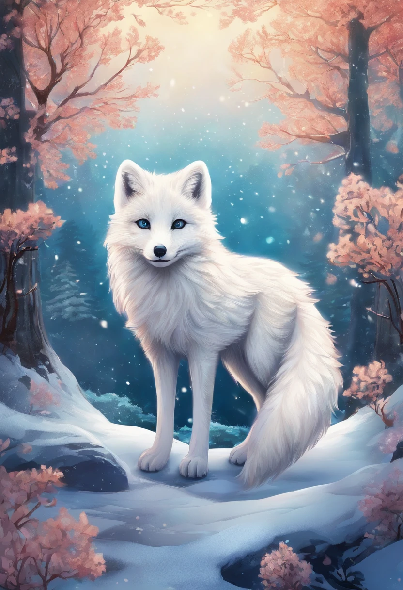 arctic fox/Arctic fox.best quality,4k,8k,high resolution,masterpiece:1.2,Super detailed,actual:1.37,flashing lights,Deep in the arctic forest,magical atmosphere,Charming snow mountain forest scenery,Loneliness in the deep forest,luminescent,aurora,Render a fantasy world where magic is cast like magic,ethereal atmosphere.Snow covered deep forest.White arctic fox close-up