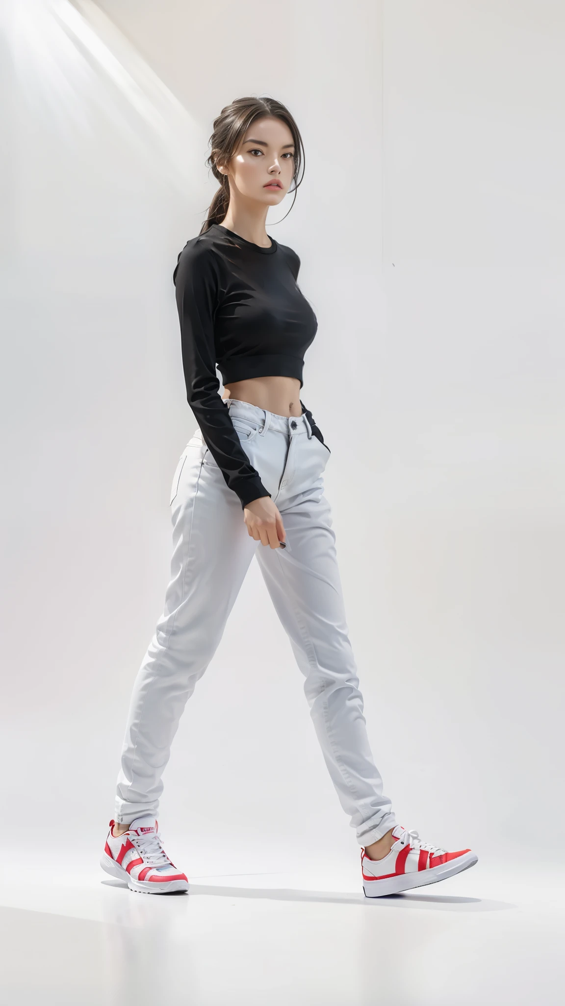 16K, Masterpiece, photorealism, A girl walks to her full height, a girl with dark long hair, a girl dressed in a white top, light jeans, white sneakers, white background,