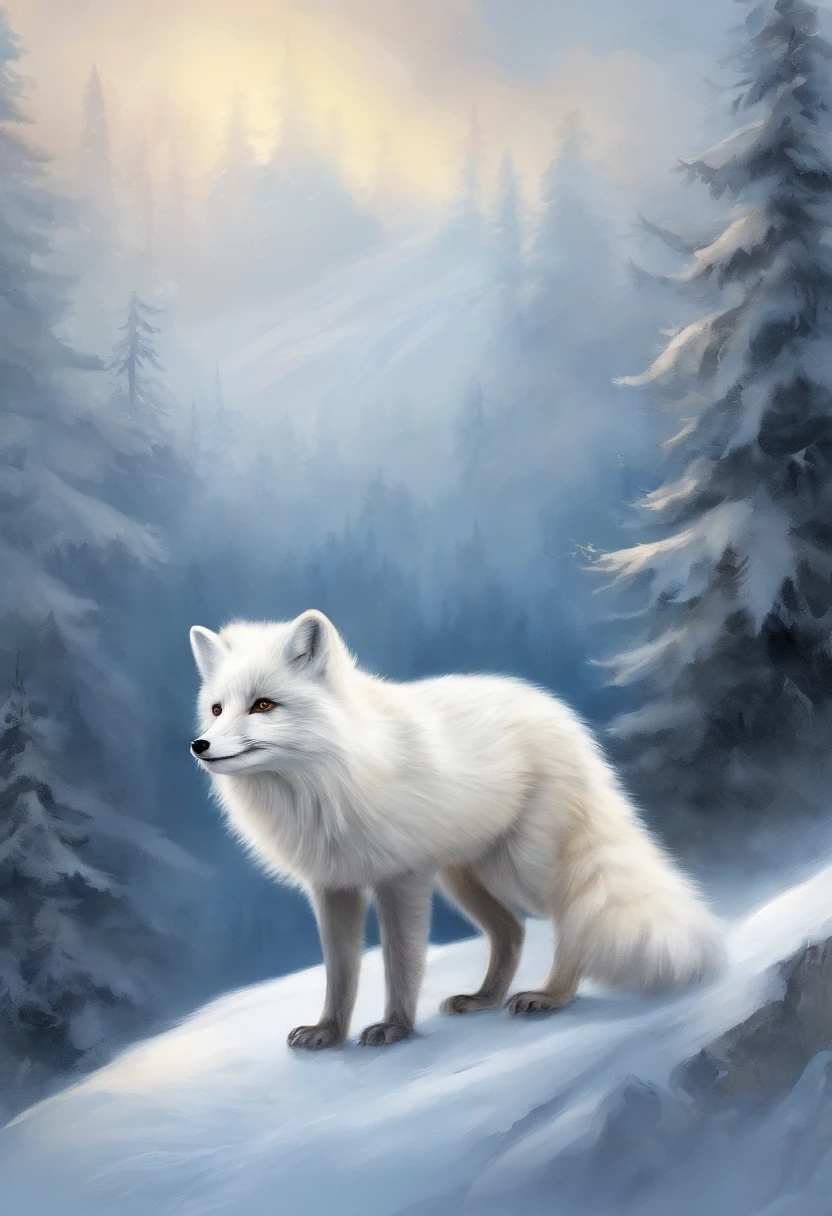 arctic fox/Arctic fox.best quality,4k,8k,high resolution,masterpiece:1.2,Super detailed,actual:1.37,flashing lights,Deep in the arctic forest,magical atmosphere,Charming snow mountain forest scenery,Loneliness in the deep forest,luminescent,aurora,Render a fantasy world where magic is cast like magic,ethereal atmosphere.Snow covered deep forest.White arctic fox close-up