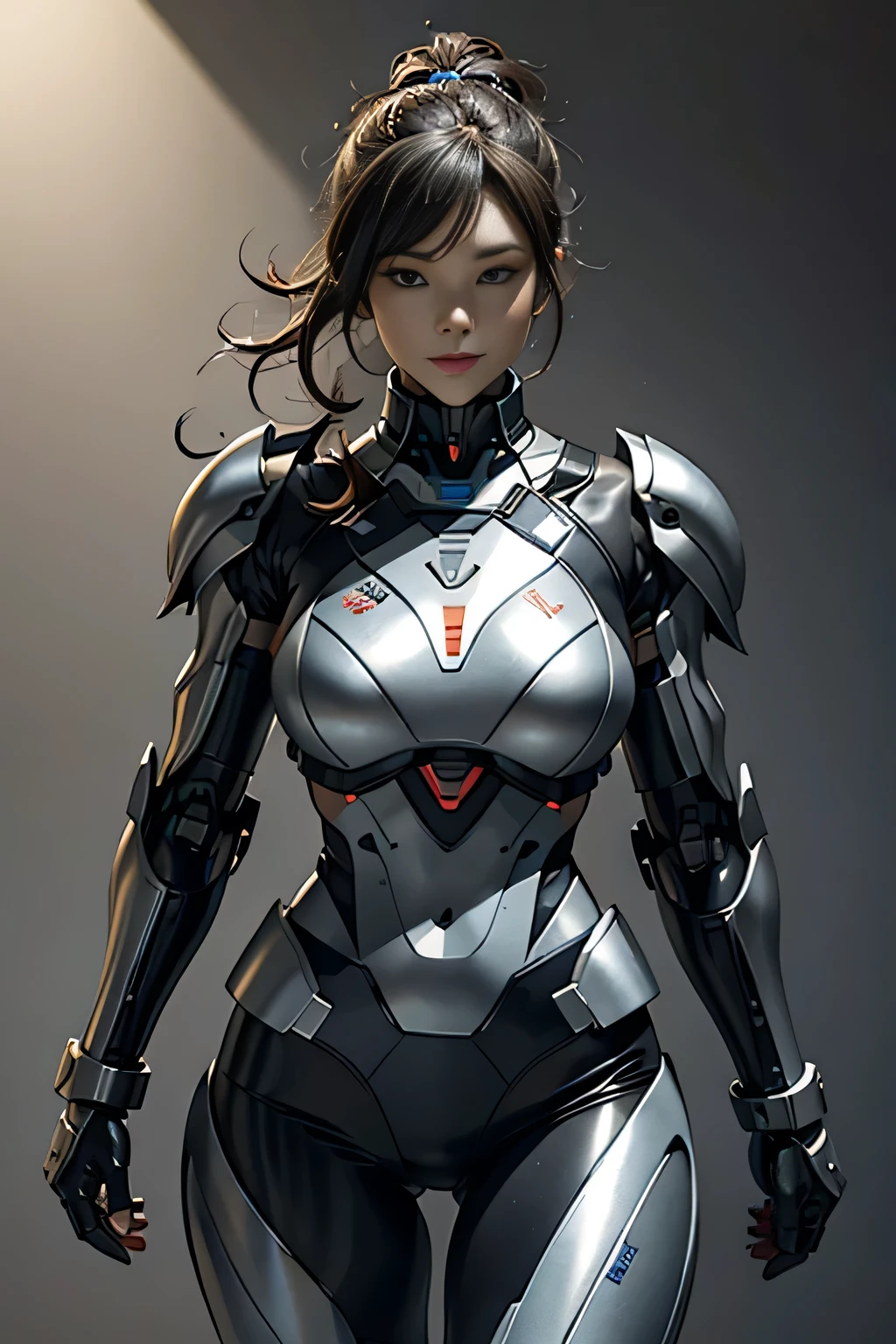 female robocop solo、Armor that completely covers the whole body、very big breasts、helmet to hide eyes、rainbow armor、Armor that completely covers the chest、thin and long legs、Vibrant posel body view