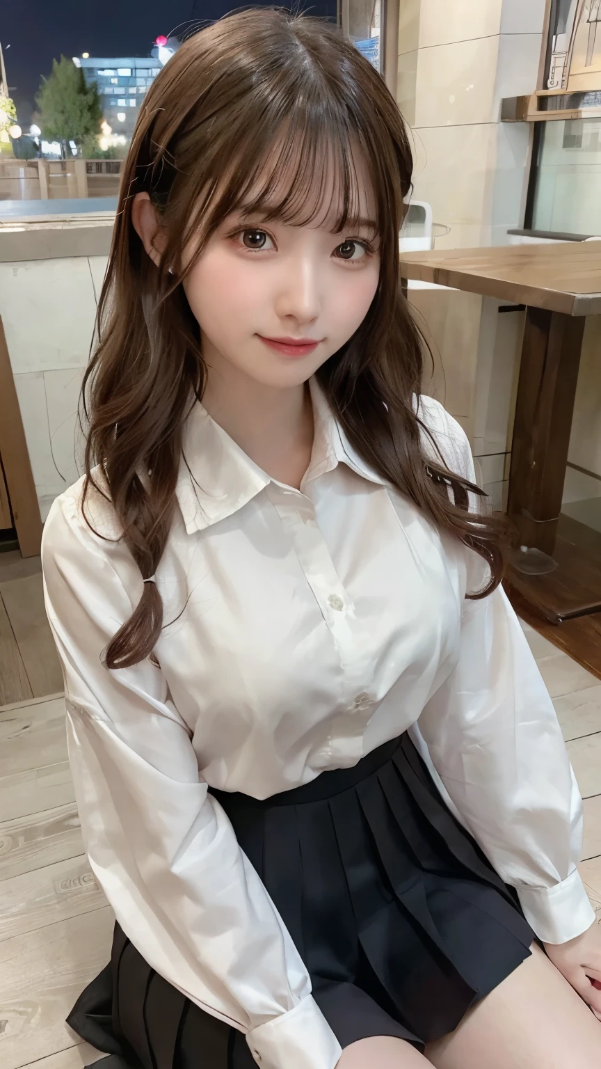 (8k, RAW photo, best quality, table top:1.2), (realistic, photorealistic:1.37), super detailed, 1 girl, cute, alone, beautifully detailed sky, detailed cafe, (night:1.2), sitting, date, (blush), (light smile:1.1), medium breast, dense and beautiful eyes, (collared shirt:1.1), tie, pleated skirt, (wavy hair:1.2), floating hair Shirt with collar:1.1), Busty tie, Pleated skirt,Floaty hair,