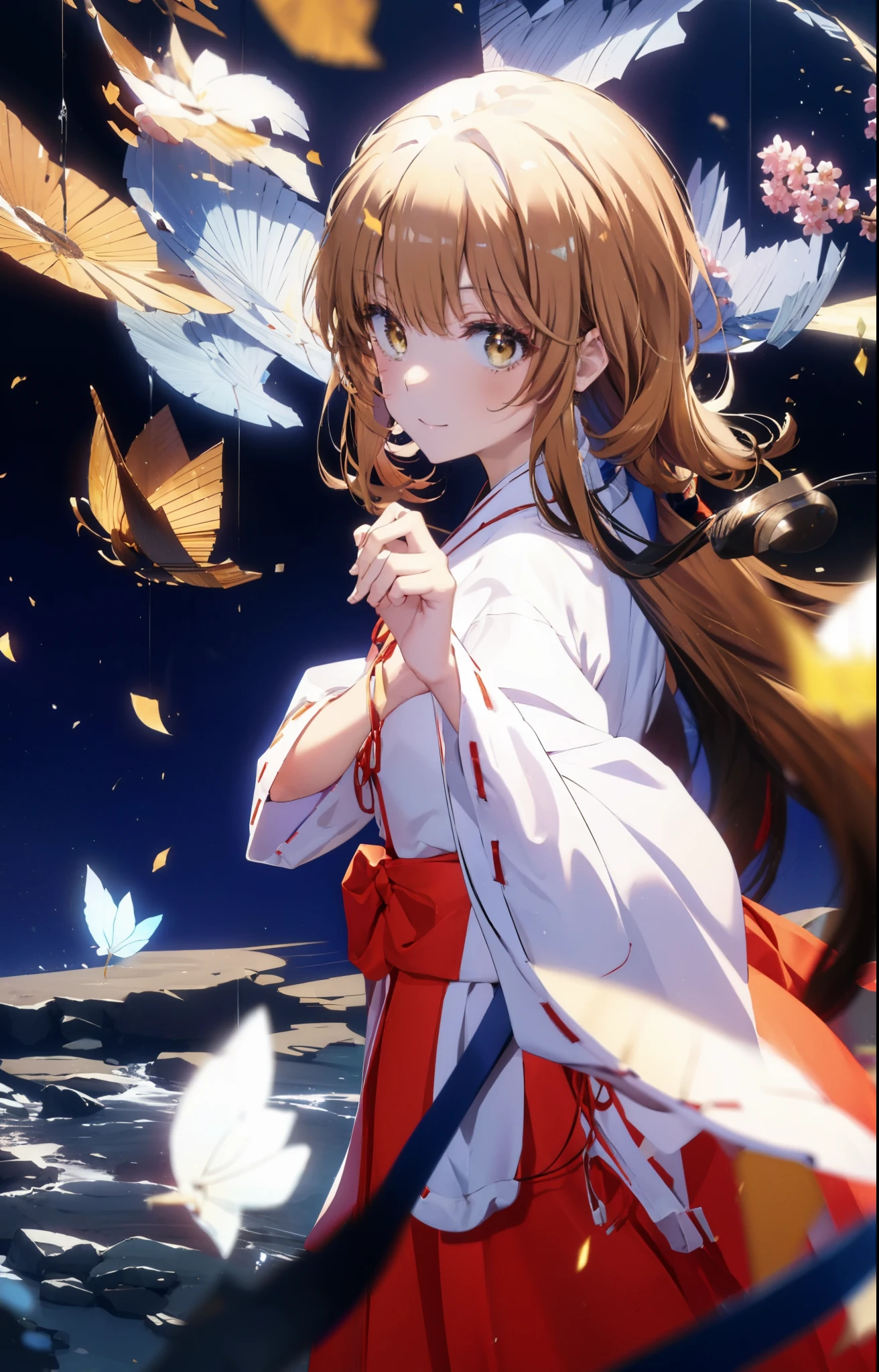 irohaisshiki, iroha isshiki, long hair, brown hair, (brown eyes:1.5), smile,Platycodon,Miko, kimono, kimono, same as skirt, wide sleeve, long sleeve, ribbon trim sleeves, 
very long hair, dull bangs, low ponytail, 
break outdoors, 神社
break looking at viewer,
break (masterpiece:1.2), highest quality, High resolution, unity 8k wallpaper, (figure:0.8), (detailed and beautiful eyes:1.6), highly detailed face, perfect lighting, Very detailed CG, (perfect hands, perfect anatomy),