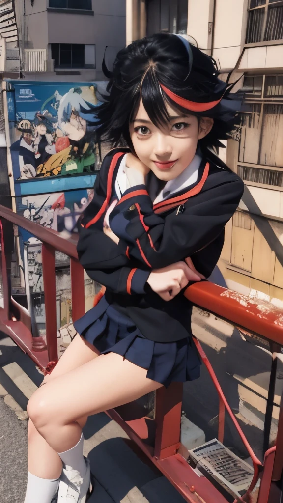 anime girl in a school uniform sitting on a railing, attractive matoi ryuko, ryuko matoi, kill la kill illustration, kill la kill, otaku gangasta, kantai collection style, witch academia, 9 0 s anime art style, anime style”, 9 0 s anime style, 90s anime style, satoshi kon artstyle, anime vintage colors