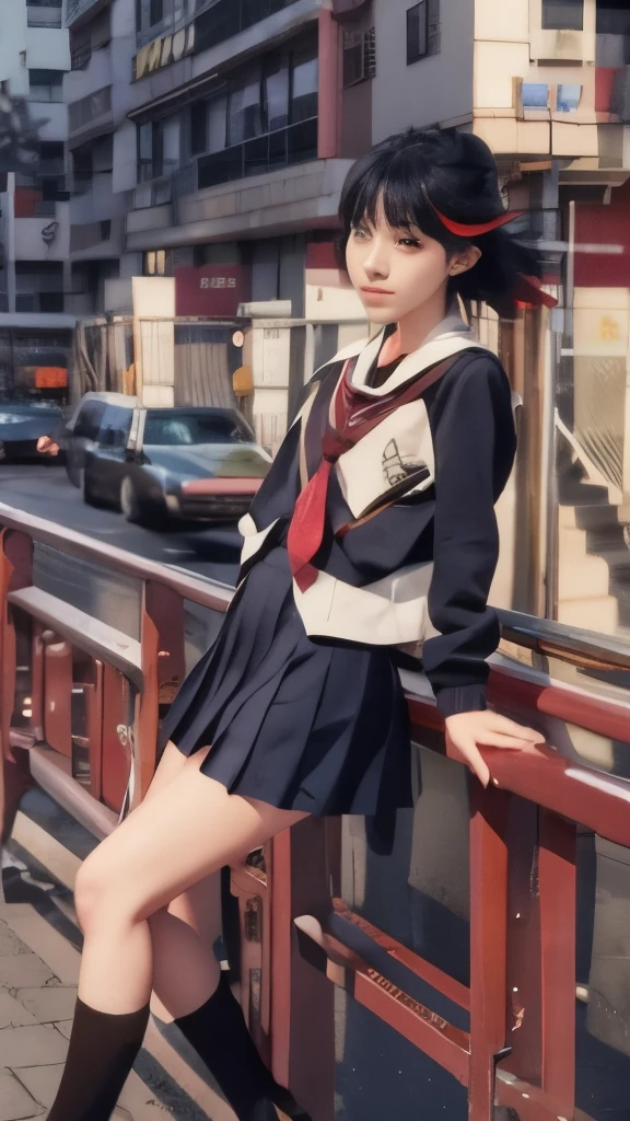 anime girl in a school uniform sitting on a railing, attractive matoi ryuko, ryuko matoi, kill la kill illustration, kill la kill, otaku gangasta, kantai collection style, witch academia, 9 0 s anime art style, anime style”, 9 0 s anime style, 90s anime style, satoshi kon artstyle, anime vintage colors