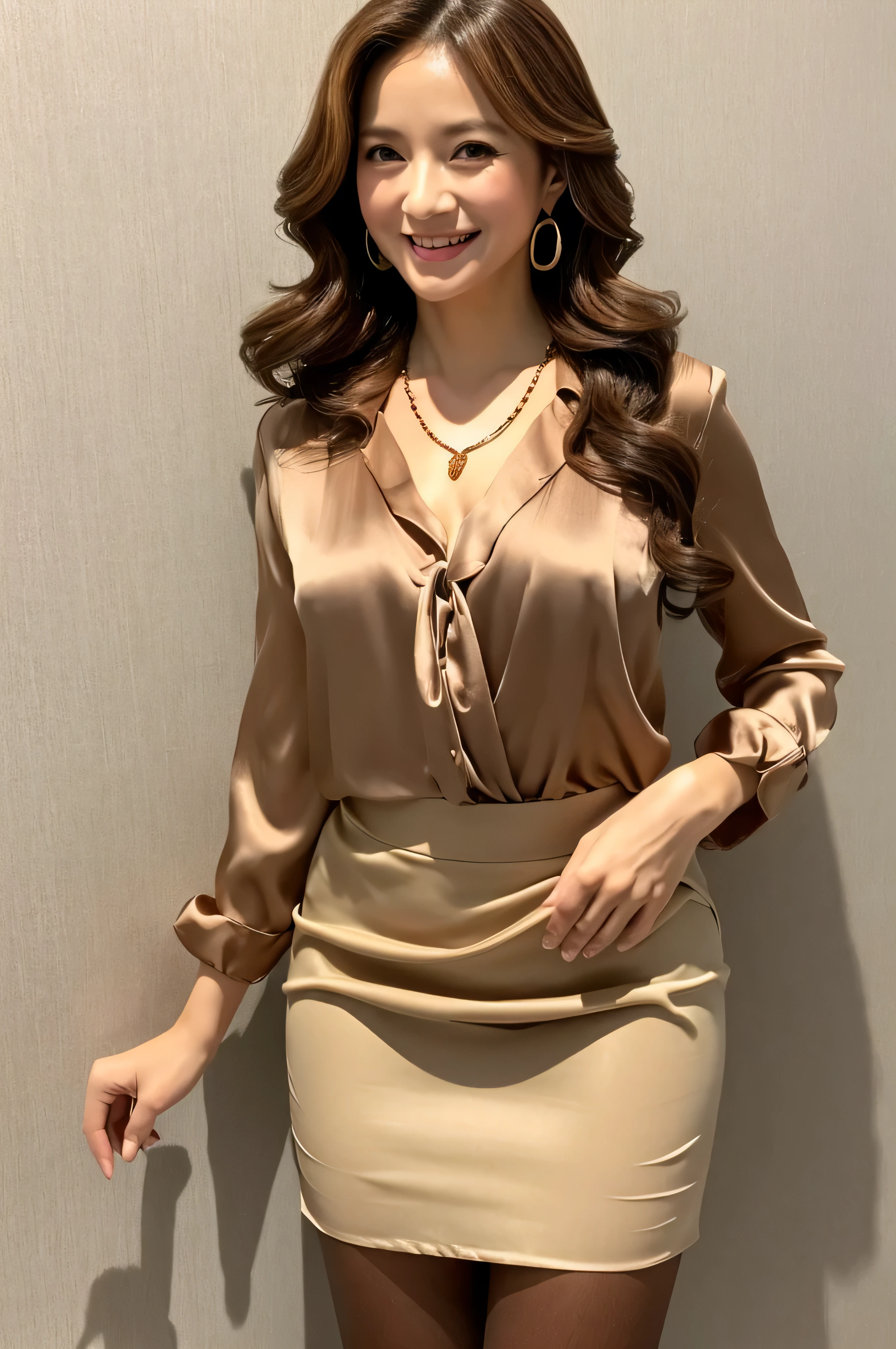 (Raw photo:1.2), (Photorealsitic), Beautiful detailed, (Real: 1.4), ighly detailedな目と顔, beatiful detailed eyes, Standing in the office、(Ultra-realistic pantyhose、high-heels)、huge filesize, hight resolution, ighly detailed, top-quality, [​masterpiece:1.6], illustratio, ighly detailed, nffsw, finely detail, top-quality, 8k wallpaper, 1 milf, 43 yeas old, perfect body type, Cute sagging eyes,Beautiful big eyes、Pieckfinger, ((masutepiece)), Best Quality, 1 milf, eye shadow, Portrait, ((FULL BODYSHOT:1.4))((Brown-colored super long hair:1.2))((Loose and wavy hair:1.3))((Gold Necklace＿large earring:1.3))Bewitching beautiful mature elite secretary in luxurious silk blouse、Wearing a satin blouse, ultra-thin fabric、smooth、See-through fabric、Pleated skirt with many checked folds、Standing gracefully、((shy smile:1.3)),fullbody shot、((full figure supermodel standing, entire body in frame))Pleated skirt with many checked folds、