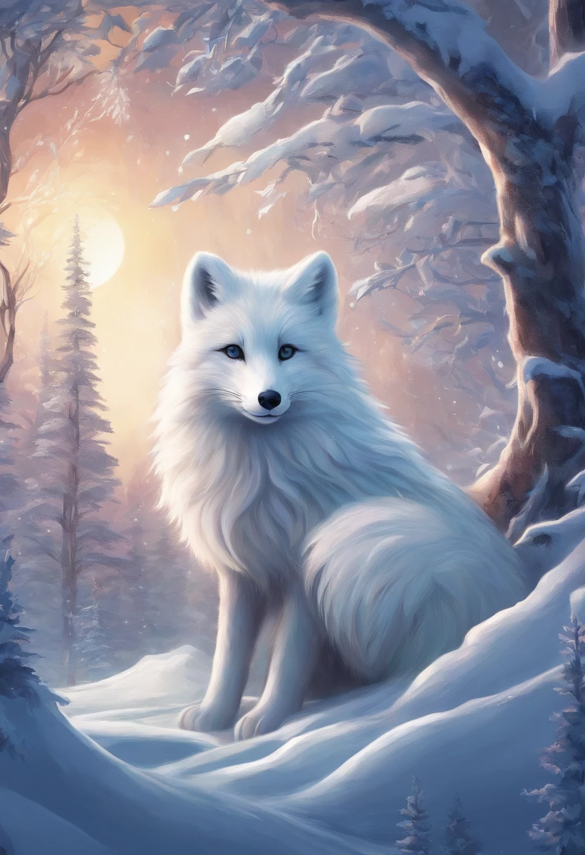 arctic fox/Arctic fox.best quality,4k,8k,high resolution,masterpiece:1.2,Super detailed,actual:1.37,flashing lights,Deep in the arctic forest,magical atmosphere,Charming snow mountain forest scenery,Loneliness in the deep forest,luminescent,aurora,Render a fantasy world where magic is cast like magic,ethereal atmosphere.Snow covered deep forest.White arctic fox close-up