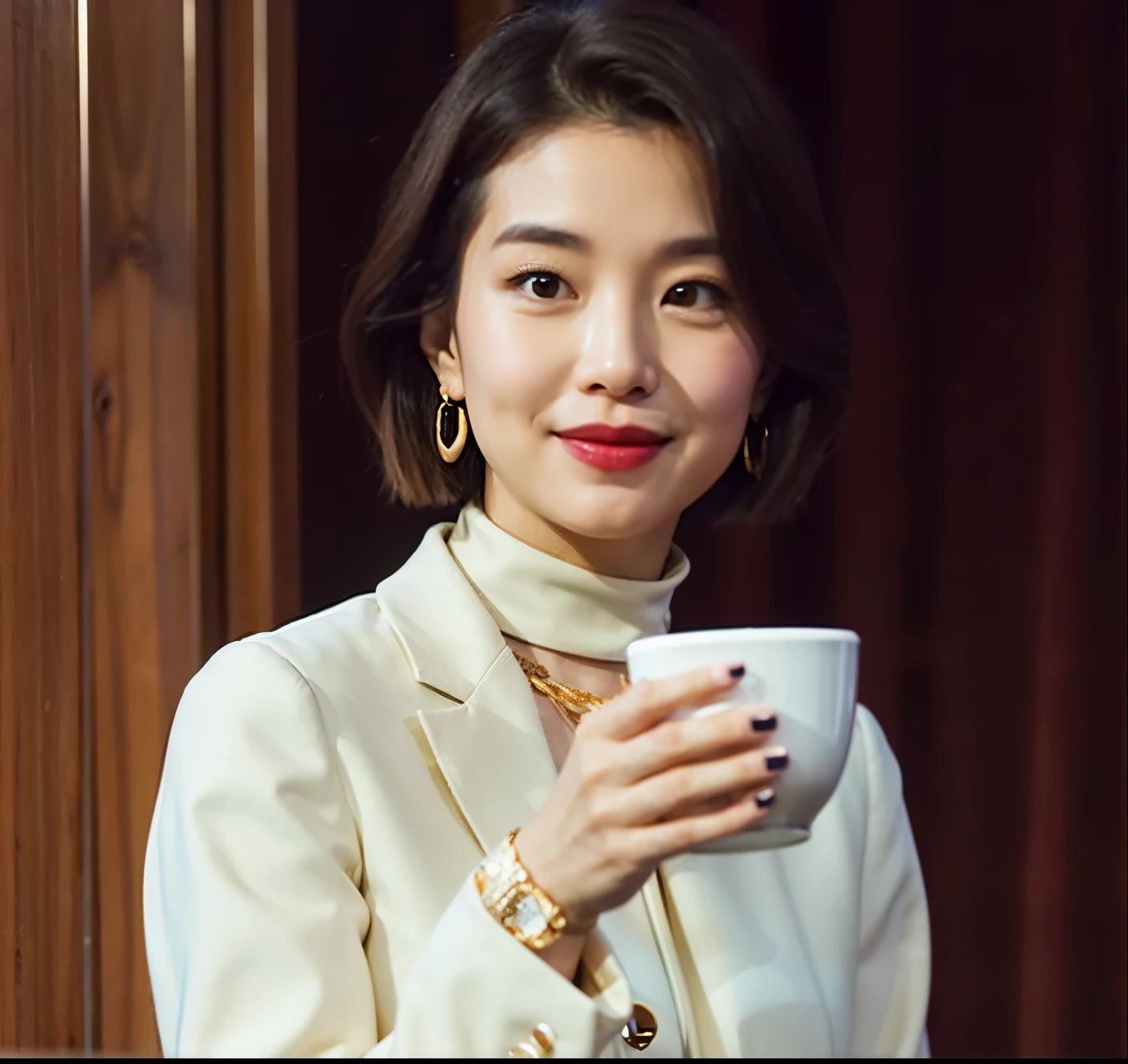 Close-up of a woman holding a cup of coffee, short hair,elegant professional woman,Wearing jewelry earrings,Wear gold jewelry,looking at the audience,best quality,Super fine,