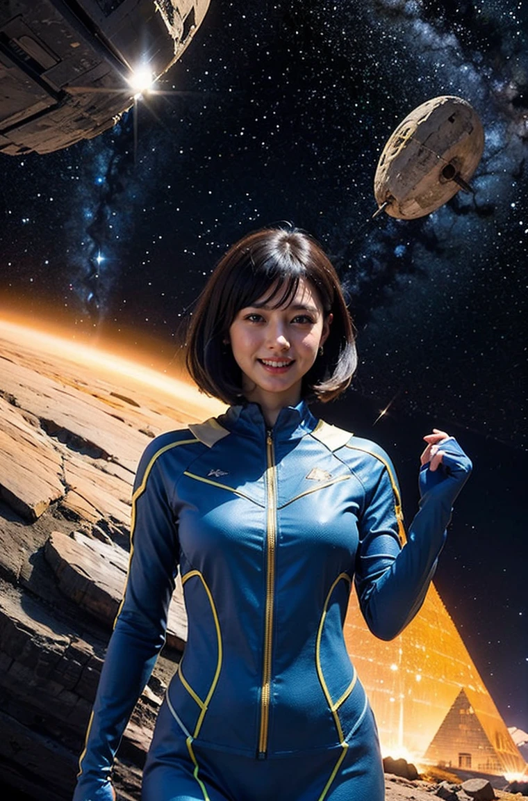 (RAW photo, highest quality), (realistic, Photoreal:1.3), 1 girl, bob cut、earrings、smile、realisticbody,old space costume、Ancient、boulder、Ancientの儀式、Pyramid-shaped UFO flying from space、laser light、