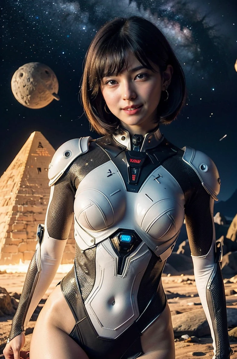 (RAW photo, highest quality), (realistic, Photoreal:1.3), 1 girl, bob cut、earrings、smile、realisticbody,old space costume、Ancient、boulder、Ancientの儀式、Pyramid-shaped UFO flying from space、laser light、