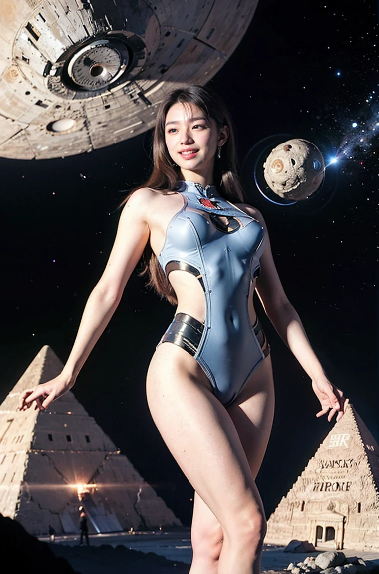 (RAW photo, highest quality), (realistic, Photoreal:1.3), 1 girl, medium long hair、earrings、smile、realisticbody,old space costume、Ancient、boulder、Ancientの儀式、Pyramid-shaped UFO flying from space、laser light、