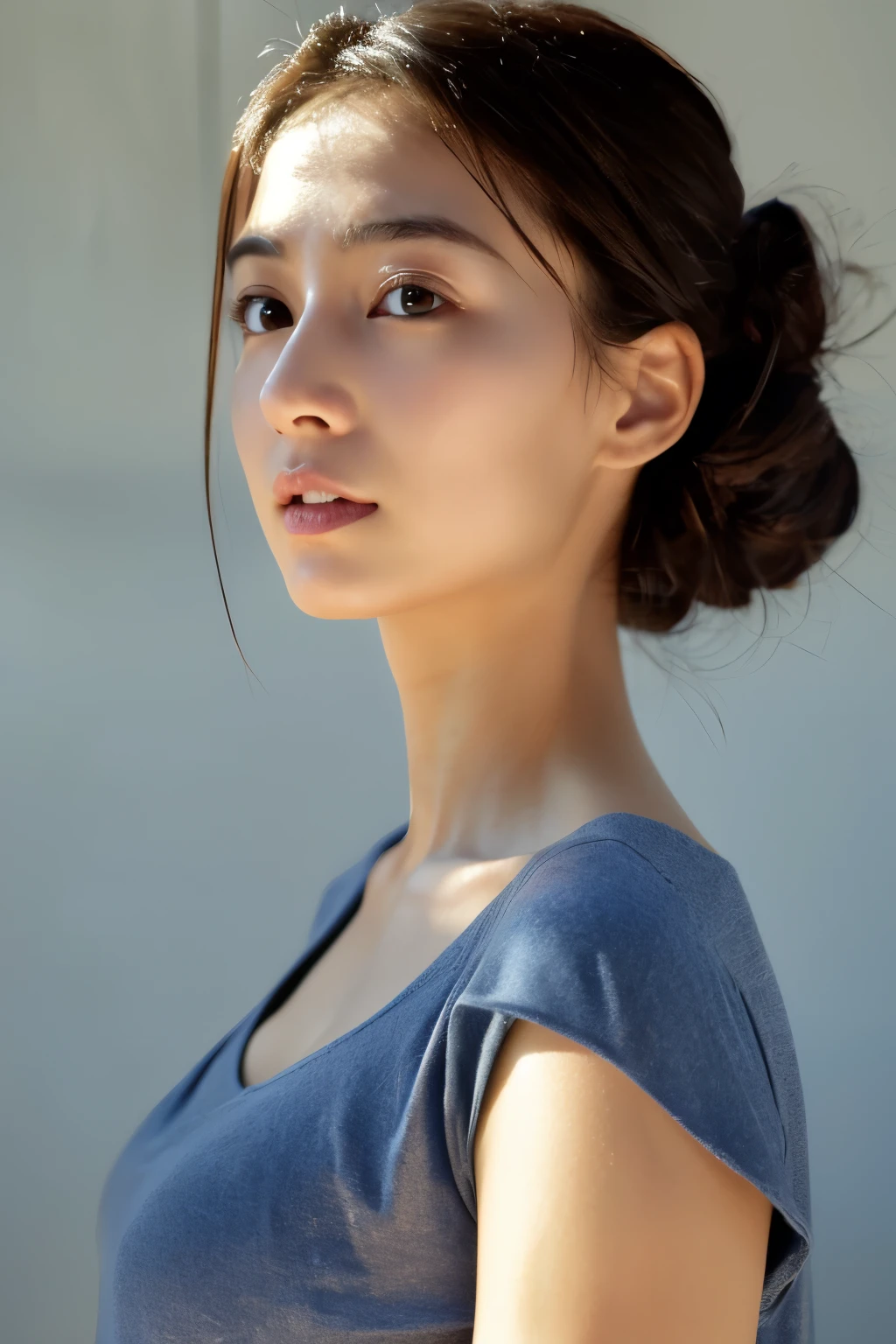 (Photorealsitic:1.4)、(hyper realisitic:1.4)、(realisitic:1.3)、(Smooth lighting:1.05)、(Improved lighting quality in movies:0.9)、32K、1girl in、20 years girl、Realistic lighting、Back lighting、Facial light、raytrace、(brightened light:1.2)、(enhanced quality:1.4)、(Top quality real texture skins:1.4)、finely eye、finerly detailed face、Fine quality eye、(Tired, sleepy and satisfied:0.0)、 close up of face、t-shirts、(enhance body line mood:1.1)、(Increase the beauty of skin texture:1.1)、the beach、swim wears