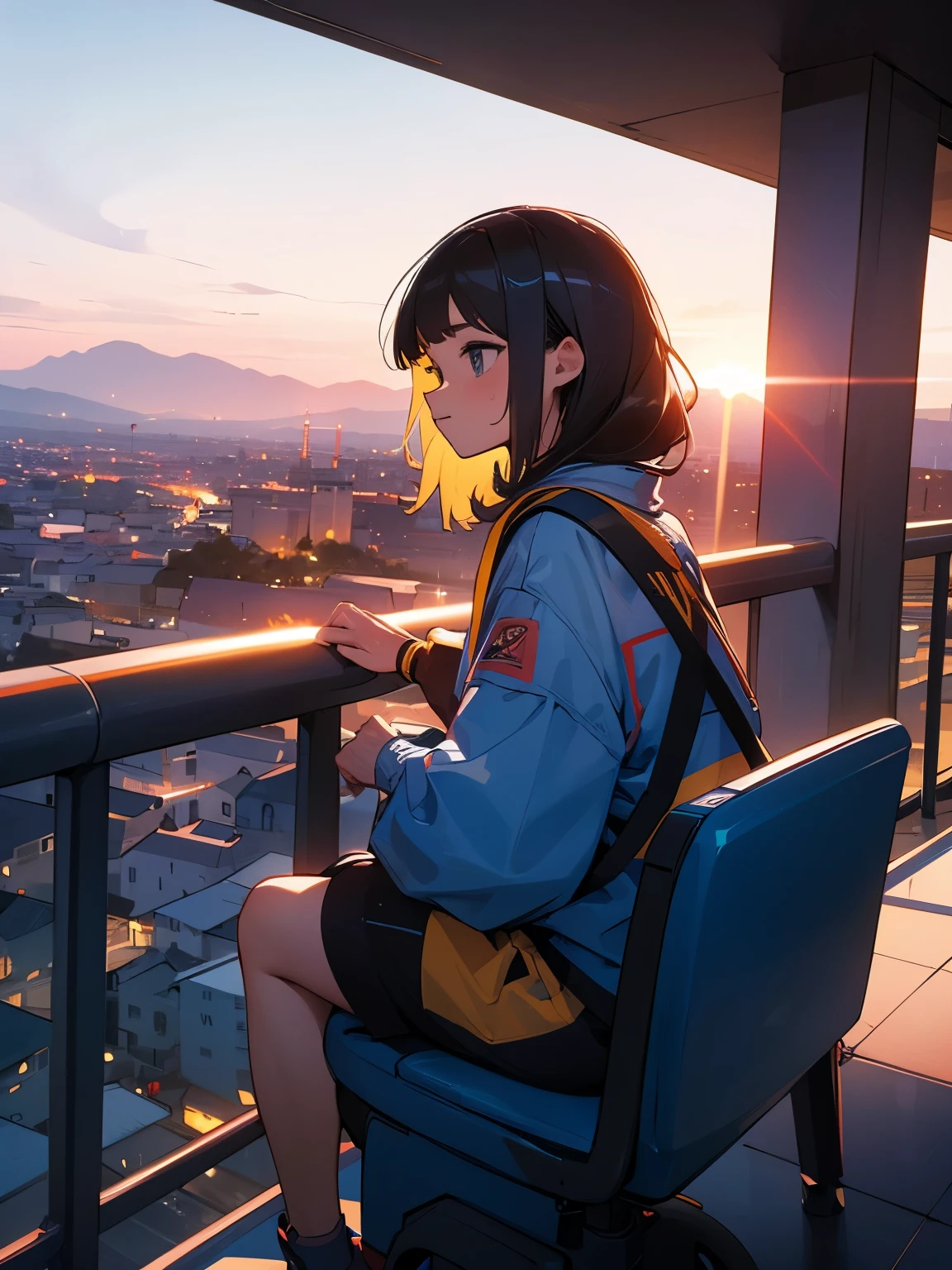 Oh, sweet sweet anc cute cute cute !!! a girl sitting on a hill watches the sunset over the city.