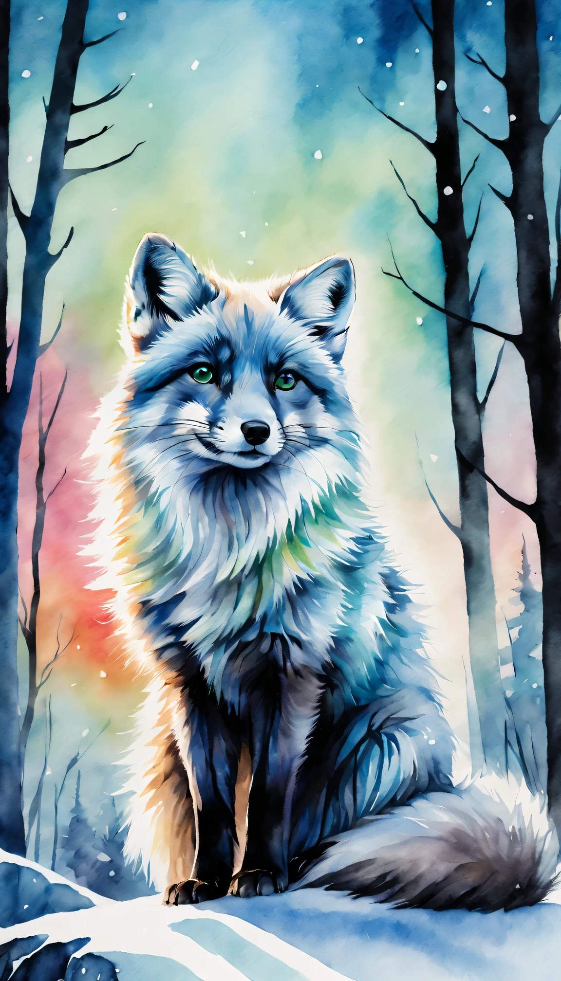 best quality, high resolution, Super detailed, actual, portrait, Ink painting and watercolor painting,(aurora),arctic fox,snow covered landscape,Silhouette trees,ice blue highlights,Detailed beard,delicate claws,cute pose,Dark ink on white paper,Detailed fur texture using Danqing technique, expressive brushstrokes, flowing watercolor effect, bright colors, soft light.