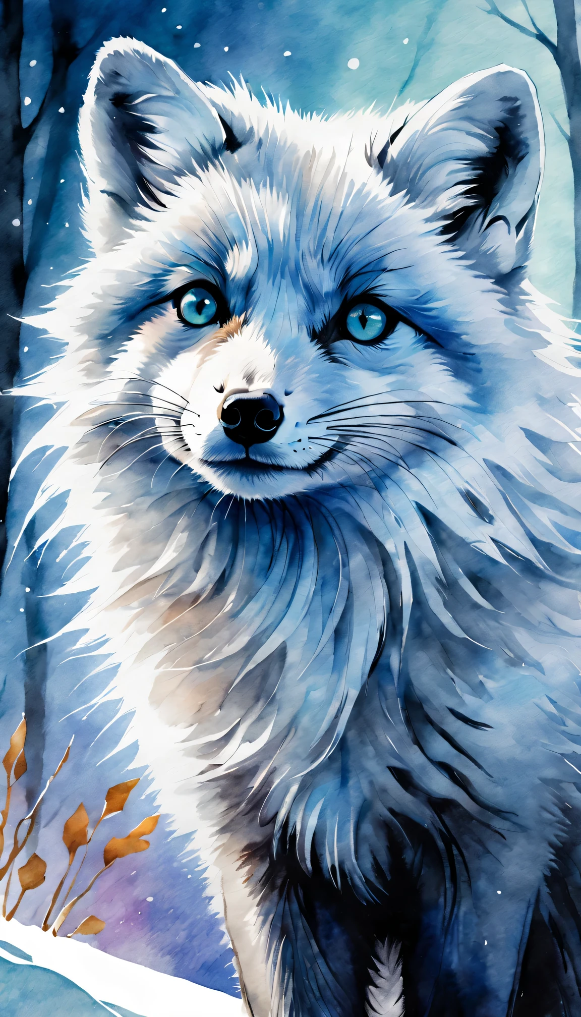 best quality, high resolution, Super detailed, actual, portrait, Ink painting and watercolor painting,(aurora),arctic fox,snow covered landscape,Silhouette trees,ice blue highlights,Detailed beard,delicate claws,cute pose,Dark ink on white paper,Detailed fur texture using Danqing technique, expressive brushstrokes, flowing watercolor effect, bright colors, soft light.