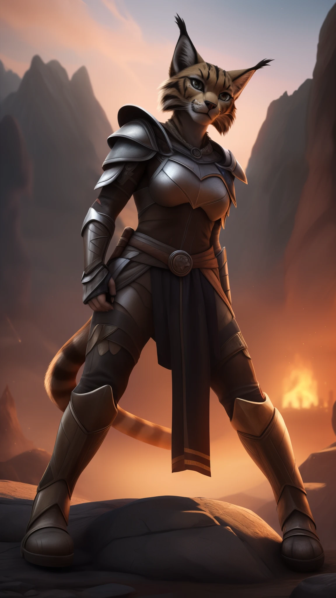 (A woman's face with) beautiful detail eyes, beautiful detailed lips, (A woman with) Extremely detailed eyes and face, long eyelashes, (Khajiit-Female), (The woman) with a seductive fitness body, (a grey fur, with Lynx ears), damaged pose, ((wounds, heavy breath, tired stance, fighting stance), (wearing fantasy armor), (character), (Best Quality,4k,8K,hight resolution,Masterpiece:1.2), Ultra-detailed, (Realistic,Photorealistic,photo-realistic:1.37), HDR, UHD, ultra-fine painting, physical based rendering, extreme detail description, Professional, Vivid colors, bokeh, full-length portrait, landscape, photografic, Concept Artists style of, with a vibrant color palette, soft-lighting.