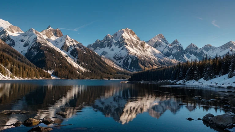 Generates an image of a mountain landscape with snow-capped peaks, un lac alpin et une forêt dense.