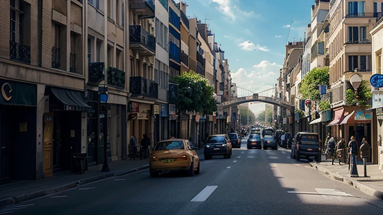 Crée une image d'une ville animée avec des gratte-ciel, des rues animées et des voitures qui passent.