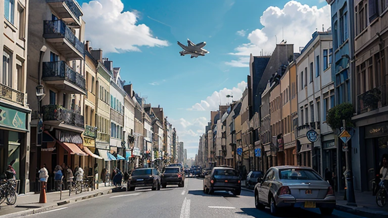 Crée une image d'une ville animée avec des gratte-ciel, des rues animées et des voitures qui passent.