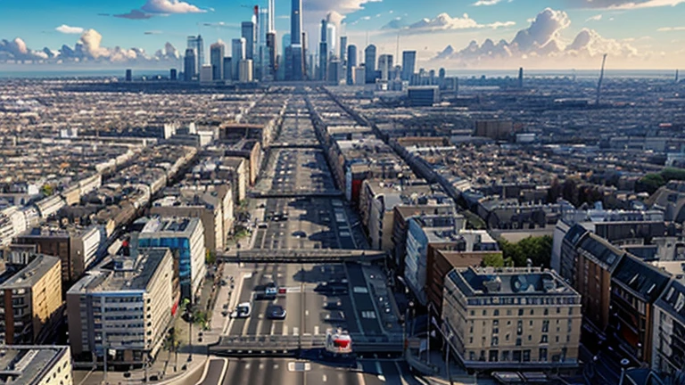 Crée une image d'une ville animée avec des gratte-ciel, des rues animées et des voitures qui passent.