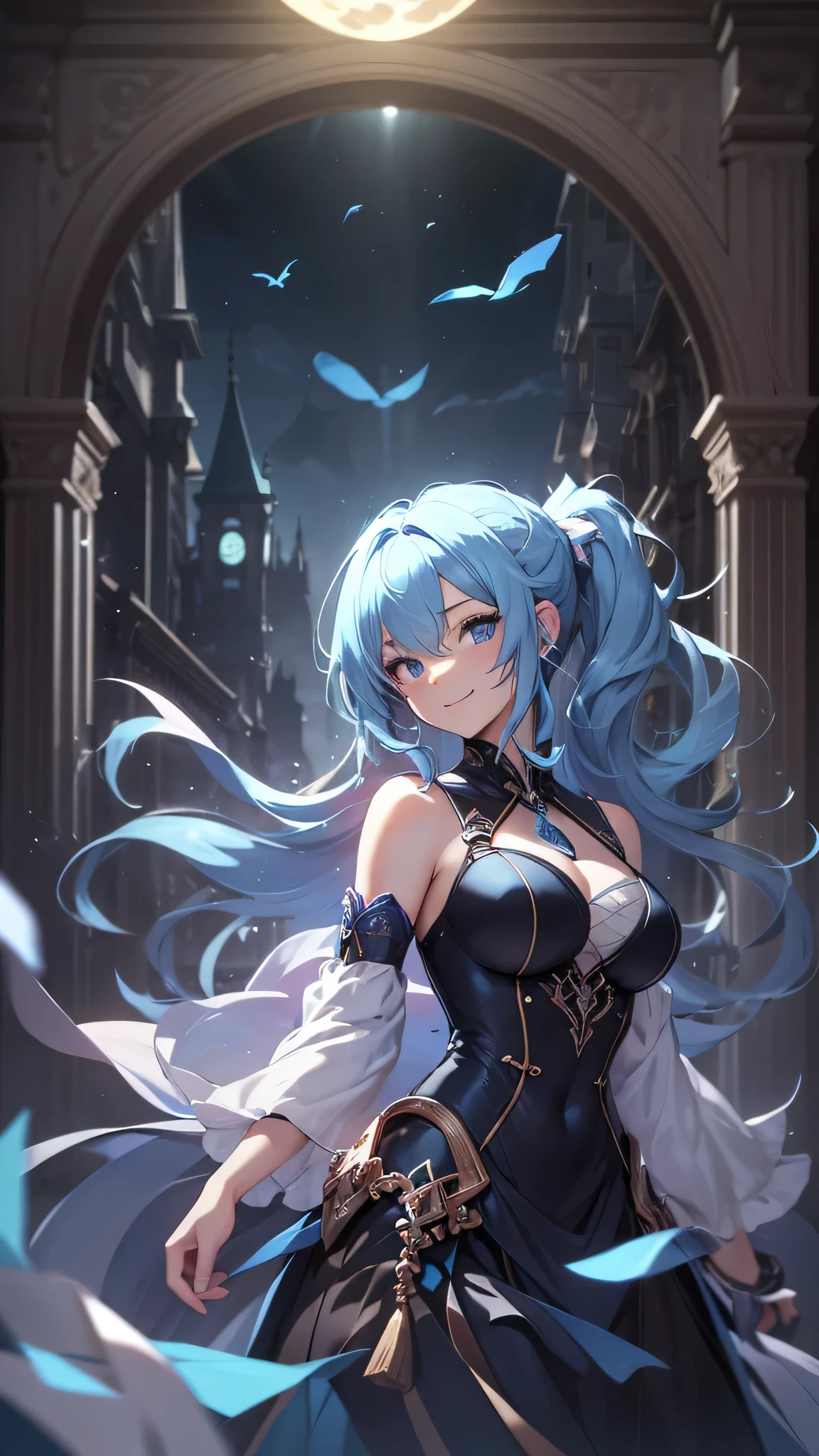 最high quality、best image quality、masterpiece、girl((20-year-old、 By becoming、vest bust、medium bust,wide open breast tea、shining eyes, light blue hair、long hair、thin,highest valley、ponytail、action of looking up、full body bandage、black dress、long skirt、smile、dance,)),high quality、beautiful art、background((Gorgeous castle、beautiful atmosphere、full moon))、Flight、debris flies、Depth of written boundary、movie、visual art、perfect art、8k,genuine、