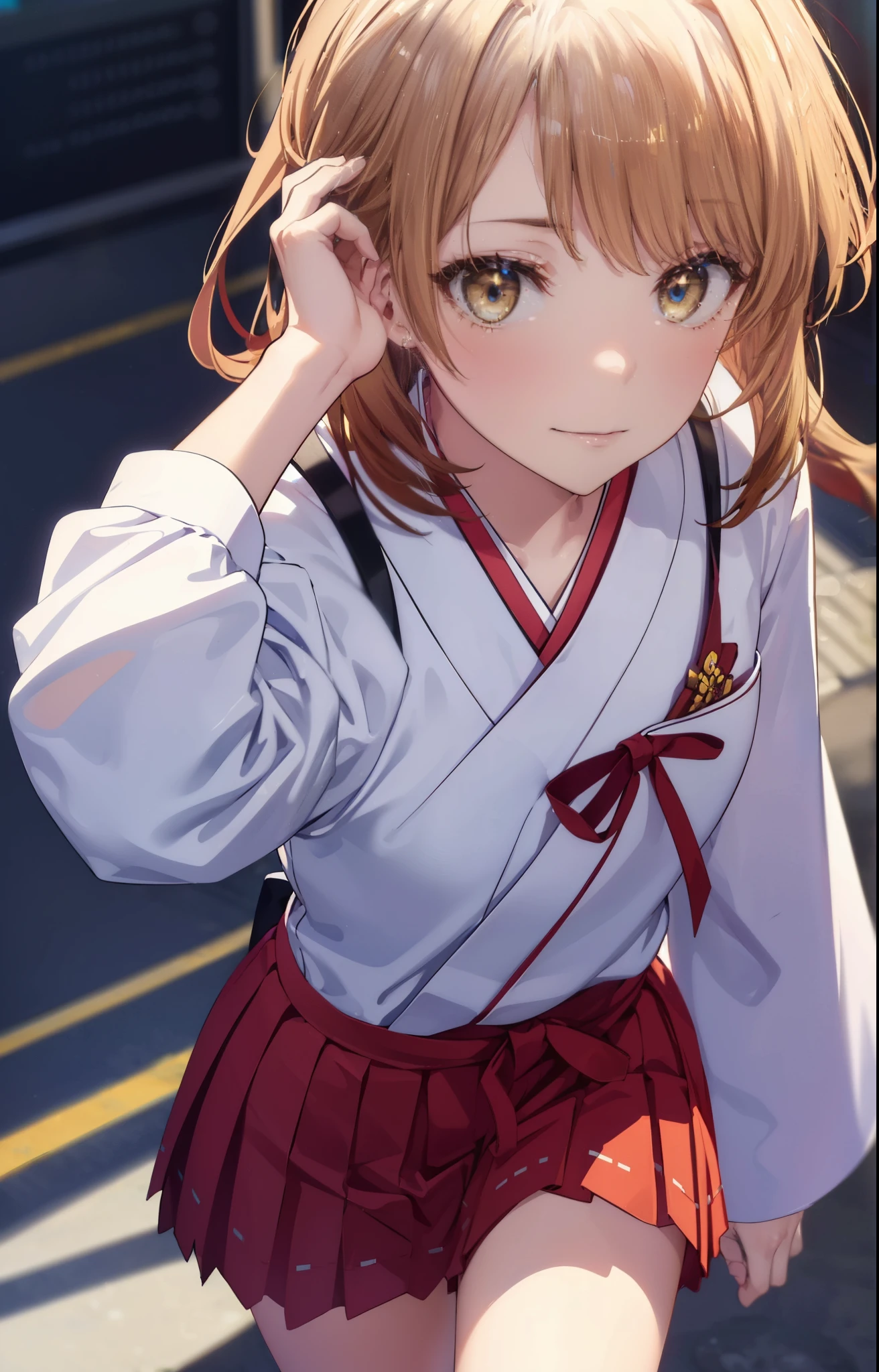 irohaisshiki, iroha isshiki, long hair, brown hair, (brown eyes:1.5), smile,Platycodon,Miko, kimono, kimono, same as skirt, wide sleeve, long sleeve, ribbon trim sleeves, looking down from above,
very long hair, dull bangs, low ponytail, 
break outdoors, 神社
break looking at viewer, (cowboy shot:1. 5)
break (masterpiece:1.2), highest quality, High resolution, unity 8k wallpaper, (figure:0.8), (detailed and beautiful eyes:1.6), highly detailed face, perfect lighting, Very detailed CG, (perfect hands, perfect anatomy),