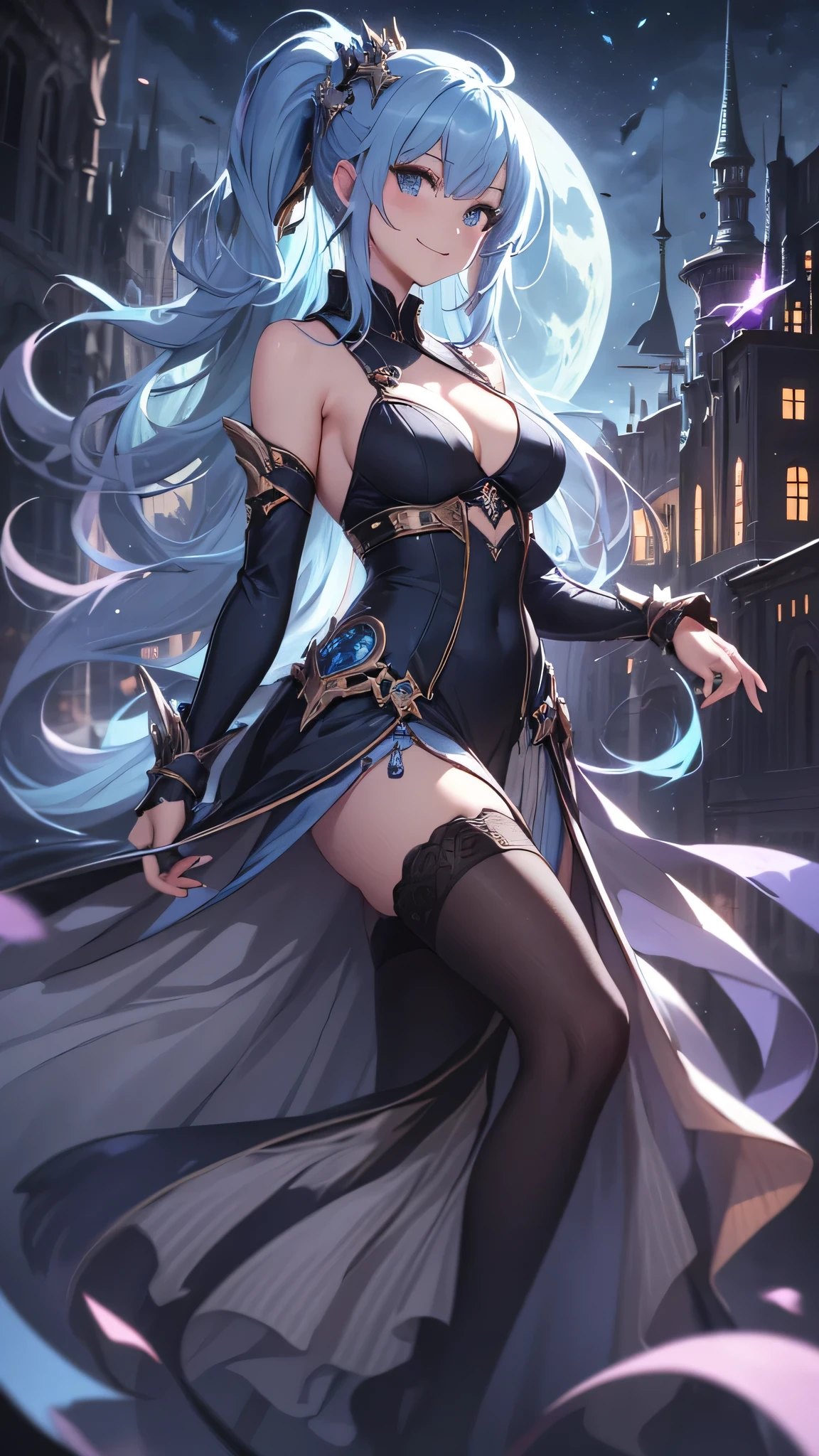 最high quality、best image quality、masterpiece、girl((20-year-old、 By becoming、vest bust、medium bust,wide open breast tea、shining eyes, light blue hair、long hair、thin,highest valley、ponytail、action of looking up、full body bandage、black dress、long skirt、smile、dance,)),high quality、beautiful art、background((Gorgeous castle、beautiful atmosphere、full moon))、Flight、debris flies、Depth of written boundary、movie、visual art、perfect art、8k,genuine、