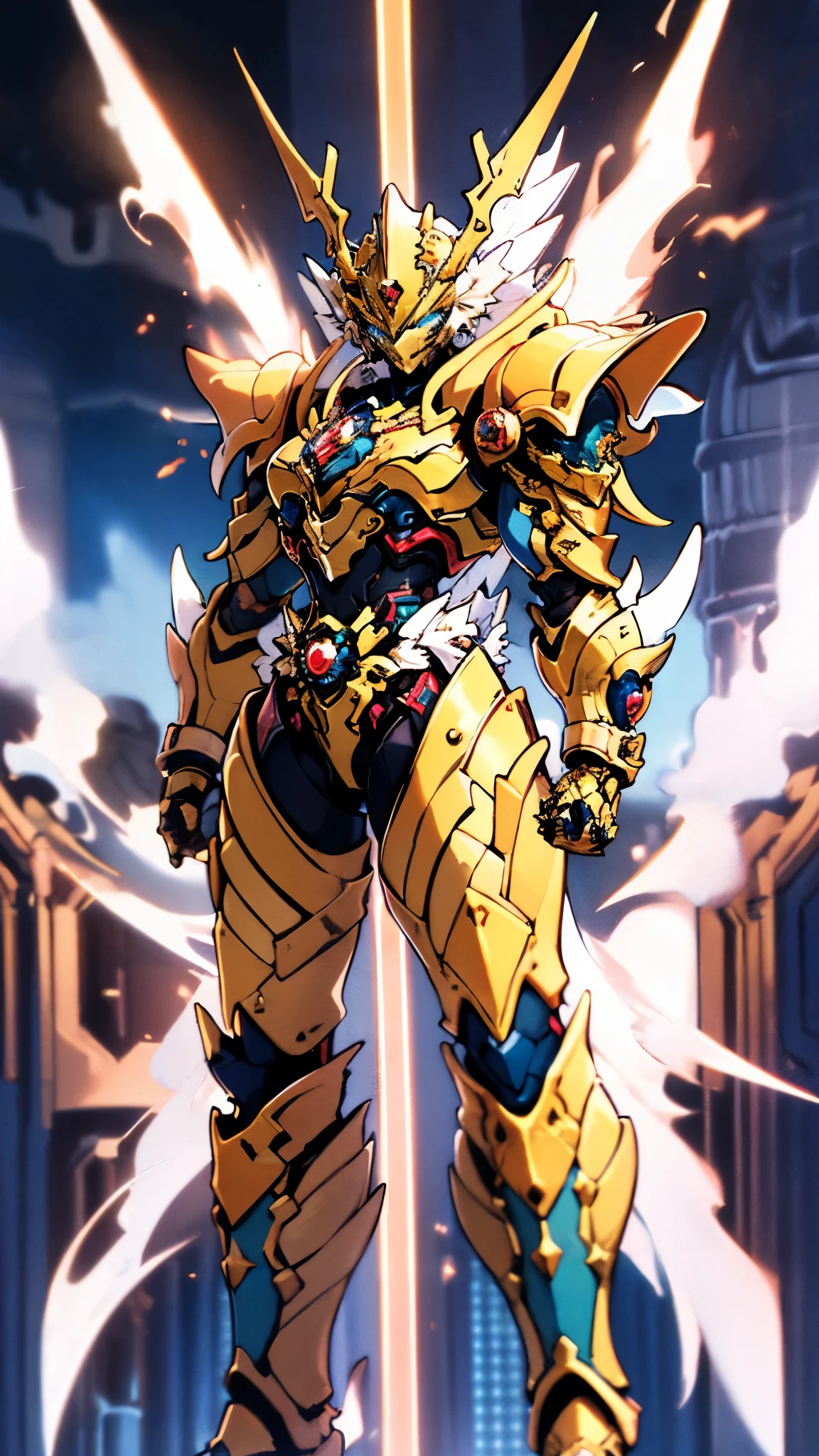 A woman adorned in fantasy-style full-body armor, a crown-concept fully enclosed helmet that unveils only her eyes, a composite layered chest plate, fully encompassing shoulder and hand guards, a lightweight waist armor, form-fitting shin guards, the overall design is heavy-duty yet flexible, ((the armor gleams with a golden glow, complemented by red and blue accents)), exhibiting a noble aura, she floats above a fantasy-surreal high-tech city, this character embodies a finely crafted fantasy-surreal style armored hero in anime style, exquisite and mature manga art style, (Queen bee mixed with Spider concept Armor, plasma, blood), ((Element, energy, elegant, goddess, femminine:1.5)), metallic, high definition, best quality, highres, ultra-detailed, ultra-fine painting, extremely delicate, professional, anatomically correct, symmetrical face, extremely detailed eyes and face, high quality eyes, creativity, RAW photo, UHD, 32k, Natural light, cinematic lighting, masterpiece-anatomy-perfect, masterpiece:1.5