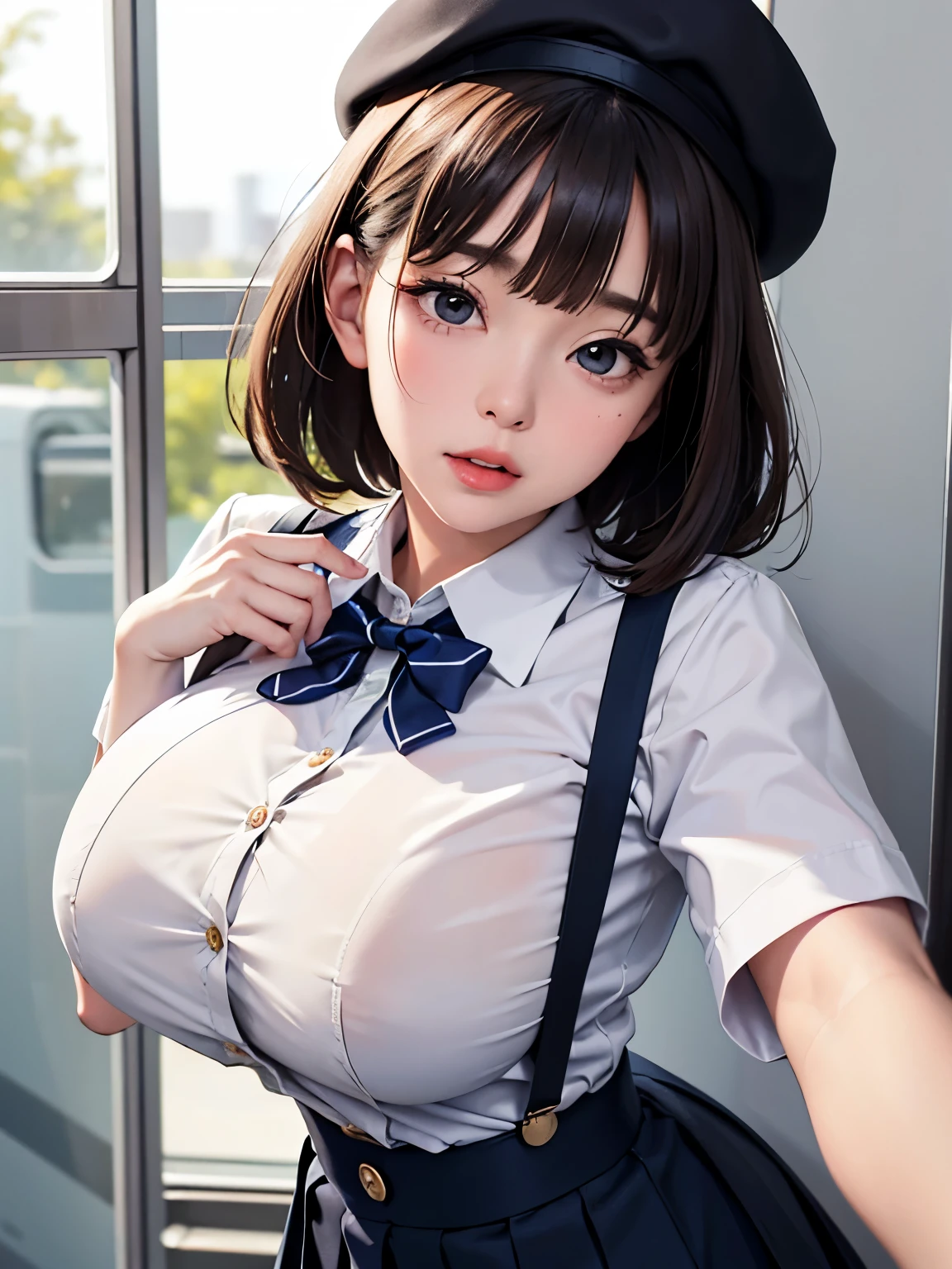 (masterpiece:1.3), high resolution, ultra detailed, extremely detailed CG unity 8k wallpaper, realistic, photo-realistic, RAW photo, beautiful detailed face, pale skin, realistic glistening skin, detailed cloth texture, detailed hair texture, Perfect body, Beautiful Face, accurate, Anatomically correct, Highly detailed face and skin texture, natural neck length, (beautiful hands), (small face), (fair skin:1.2), (no makeup)
BREAK,
high school girl, japanese, 18 years old, (gigantic breasts, narrow waist, gigantic butts), Detailed eyes, symmetric eyes, Light Brown eyes, Double eyelids, short bob hair, bangs, (big eyes, droopy eyes, long eyelashes, Thin eyebrows), thick lips), (Glossy lips:1.4), ((cute face:1.3)), (temptation, seduction, flushing), sweating, wet clothes,
BREAK,
school uniform, white collared short sleeve shirt, navy suspenders belt, navy bow tie, pleated mini skirt, navy beret, (button gap:1.5), (crowded train), sexy pose,