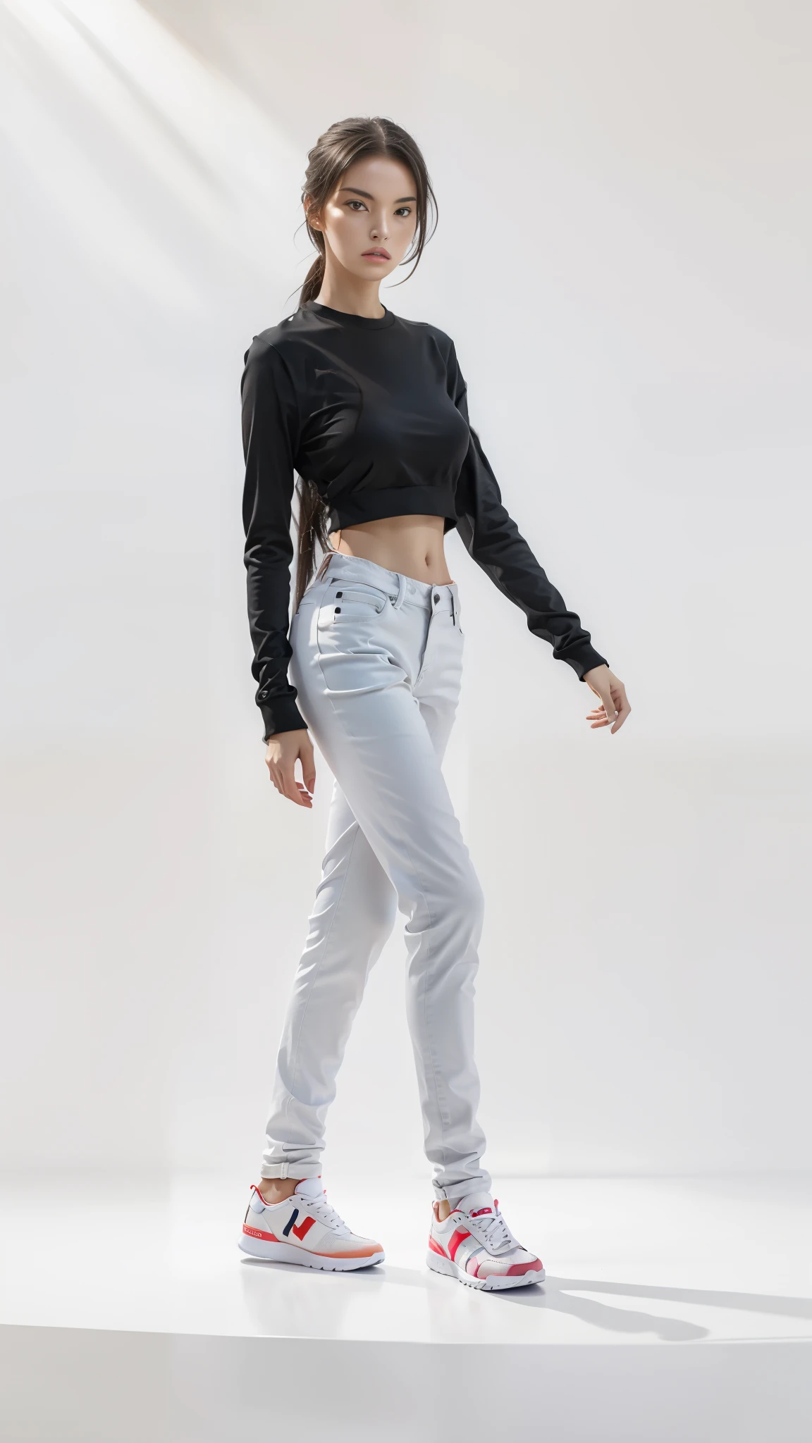 16K, Masterpiece, photorealism, A girl walks to her full height, a girl with dark long hair, a girl dressed in a white top, light jeans, white sneakers, white background,