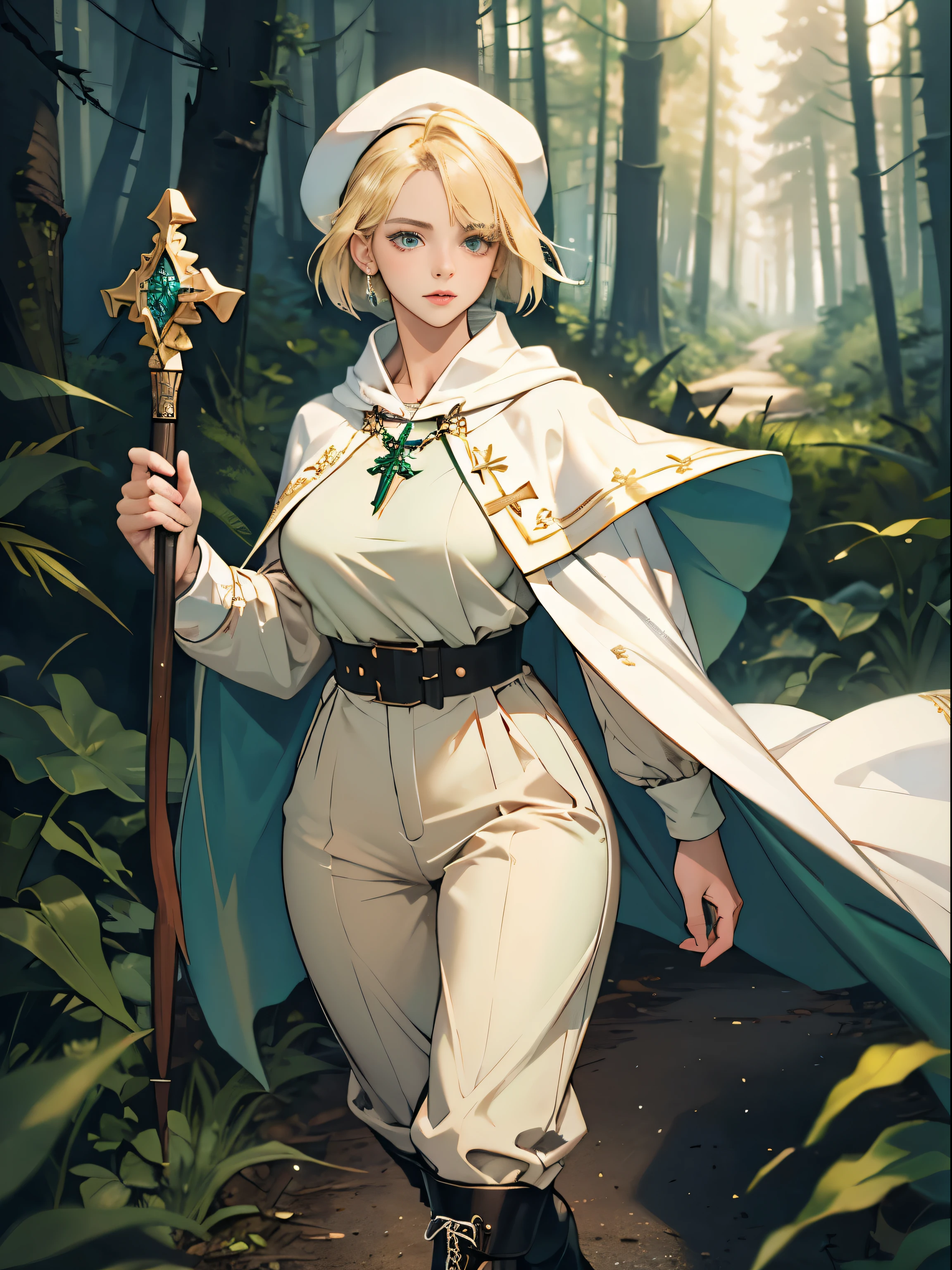 masterpiece, super detailed, 8K portrait, RAW photo, portrait photography, highly detailed face, beautiful and detailed eyes, ((fantasy)), young and beautiful, dynamic pose, kind face, (((Short bob blonde hair))), ((priest)), white skin color, frugal girl, Wooden Necklace, Clergy's hat, (((white cloak))) fluttering in the wind, (((dark green priest tunic))), (((cropped pants)), (((Low boots))), ((holding a long wooden cane)), midday sun, surreal, body model, big breasts, beautiful breasts, long legs, ambient lighting in the forest, shadow details , Focus the camera on the thigh, strong wind, light fog