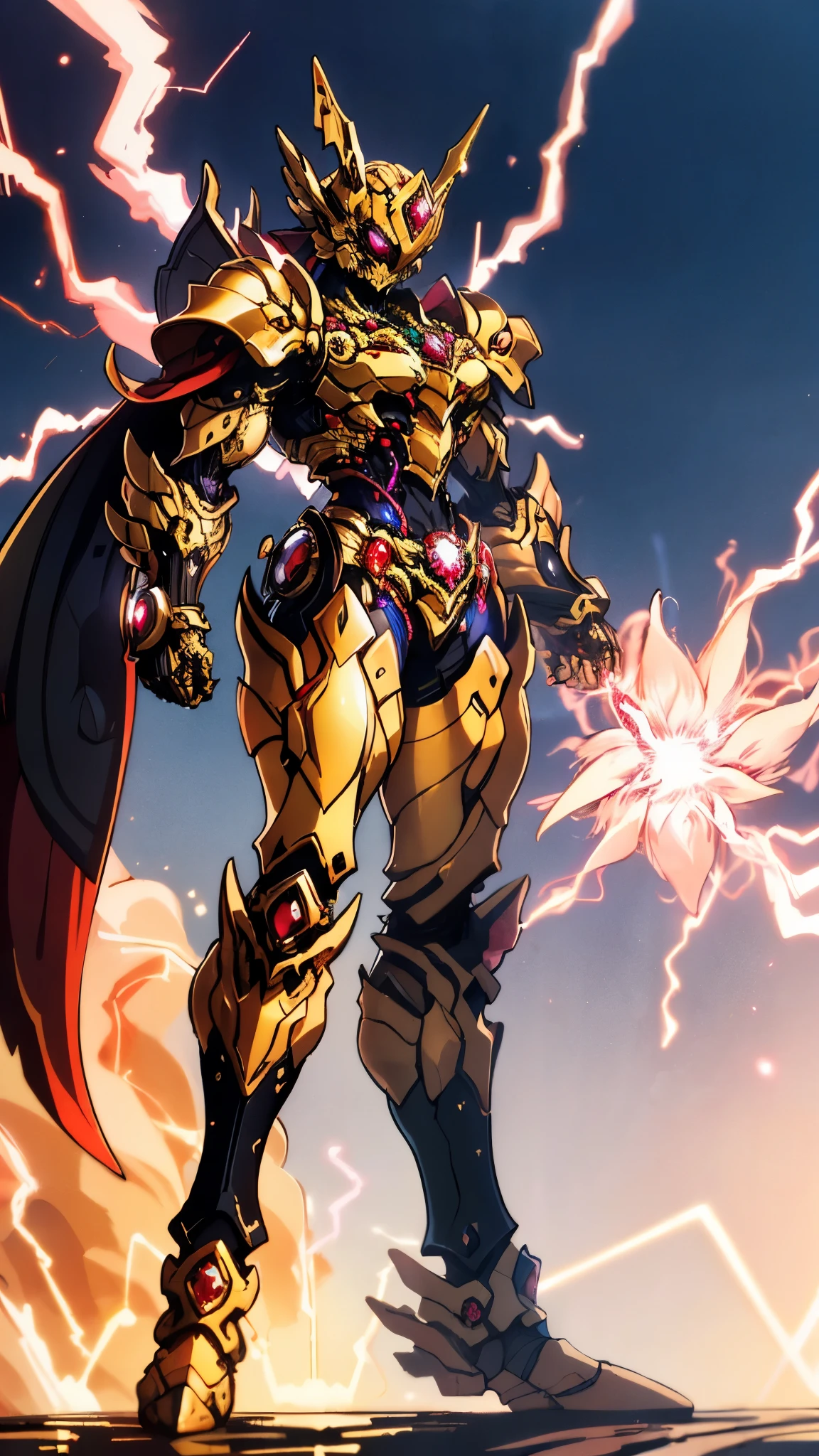 A woman adorned in fantasy-style full-body armor, a crown-concept fully enclosed helmet that unveils only her eyes, a composite layered chest plate, fully encompassing shoulder and hand guards, a lightweight waist armor, form-fitting shin guards, the overall design is heavy-duty yet flexible, ((the armor gleams with a golden glow, complemented by red and blue accents)), exhibiting a noble aura, she floats above a fantasy-surreal high-tech city, this character embodies a finely crafted fantasy-surreal style armored hero in anime style, exquisite and mature manga art style, (Queen bee mixed with Spider concept Armor, plasma, blood), ((Element, energy, elegant, goddess, femminine:1.5)), metallic, high definition, best quality, highres, ultra-detailed, ultra-fine painting, extremely delicate, professional, anatomically correct, symmetrical face, extremely detailed eyes and face, high quality eyes, creativity, RAW photo, UHD, 32k, Natural light, cinematic lighting, masterpiece-anatomy-perfect, masterpiece:1.5