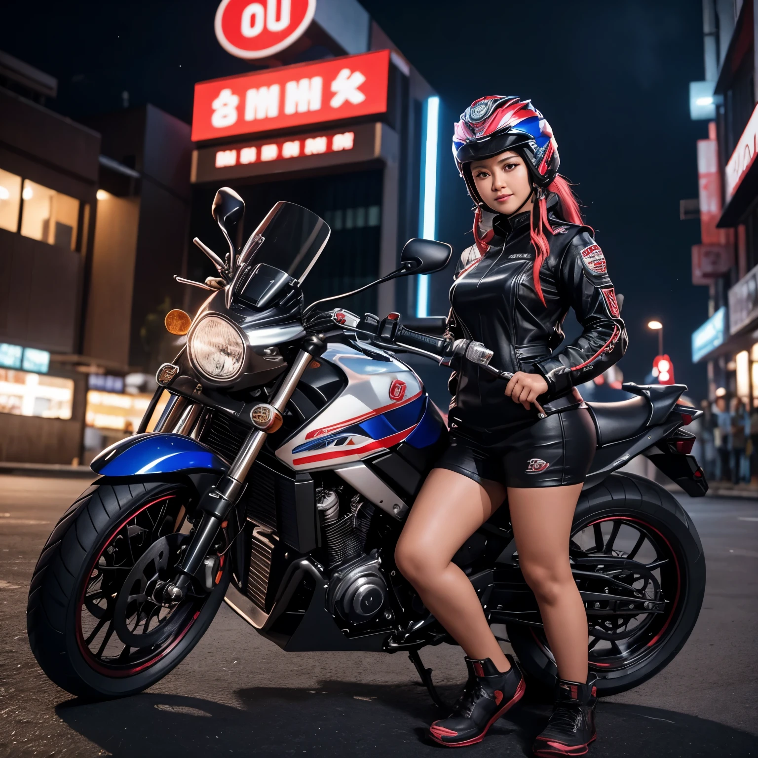 Gambar 3d Seorang karakter wanita mengendarai motor menggunakan helm dimalam hari dengan  motor bertuliskan rinn