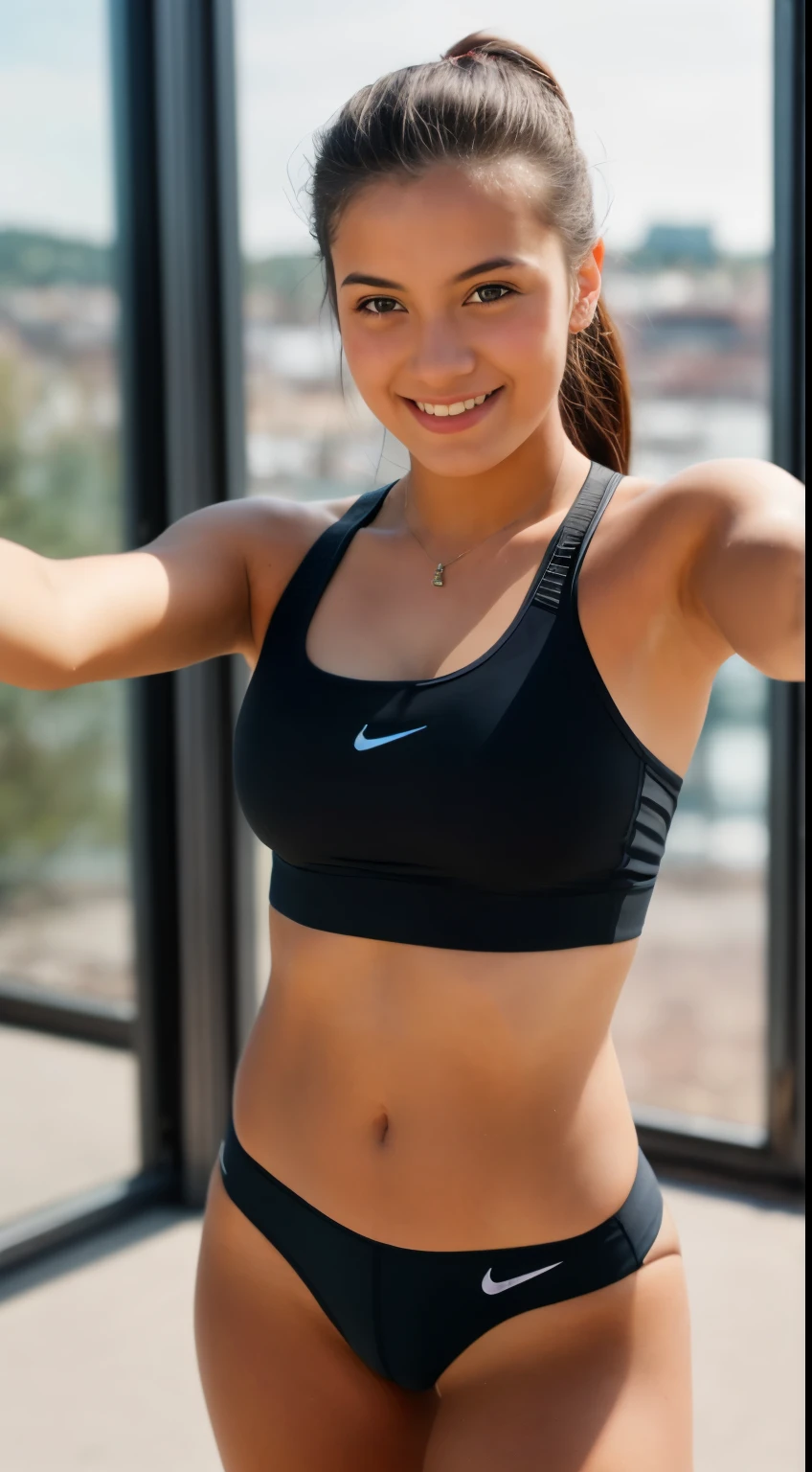 Continuously shoot RAW photos, 20 year old ager photo, ((upper body selfie, Happy)), detailed face, Detailed and slightly blurred background, Natural light, HDR, Photoreal, professional photos, flirt with viewers, visual sexy, realistic, linda, first natural, 8k UHD, high quality, film grain, Fujifilm XT3,Nike,sportswear
