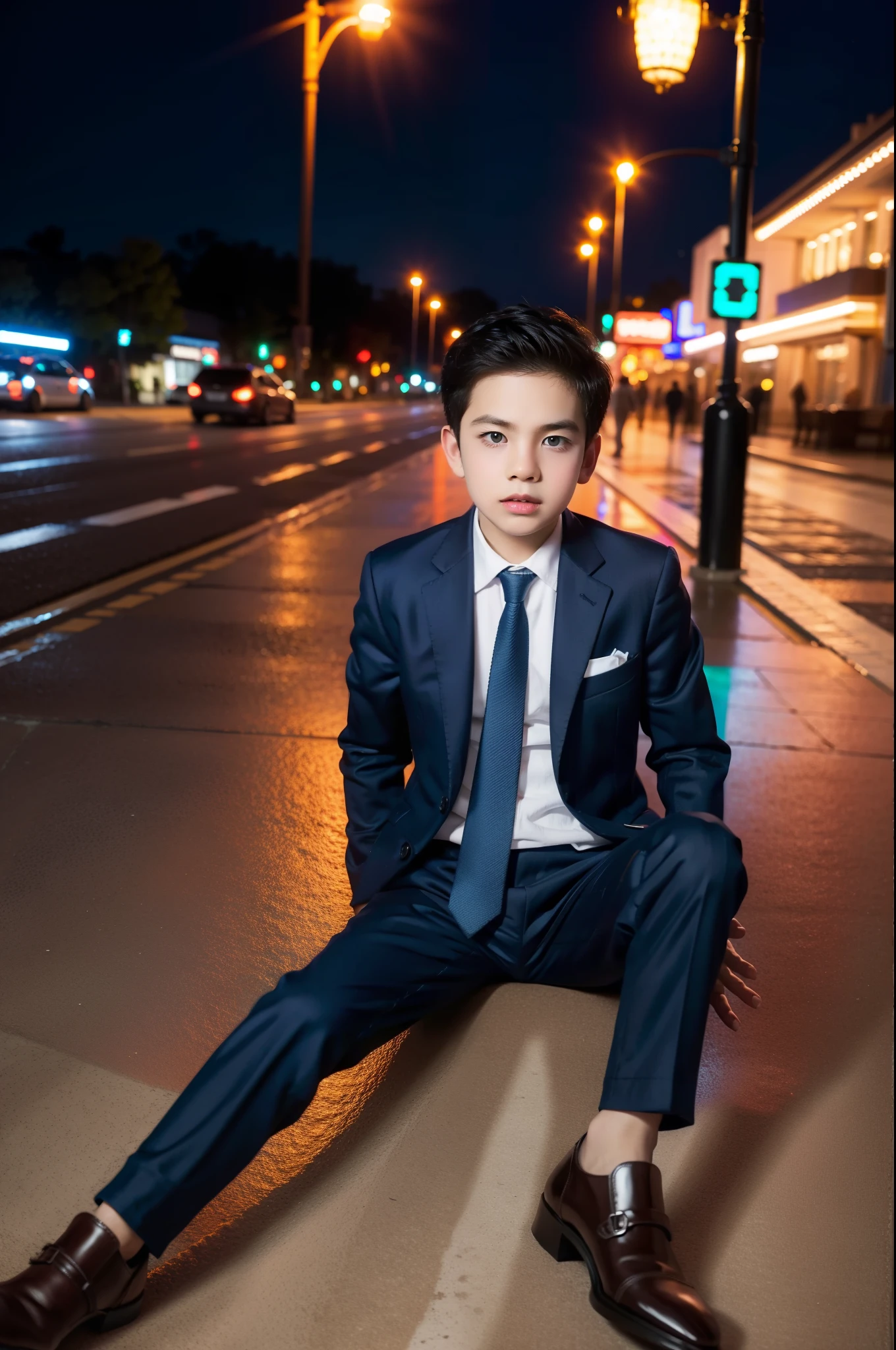 A 10years old boy wear a tie with blue or black suit sitting on the street lamp