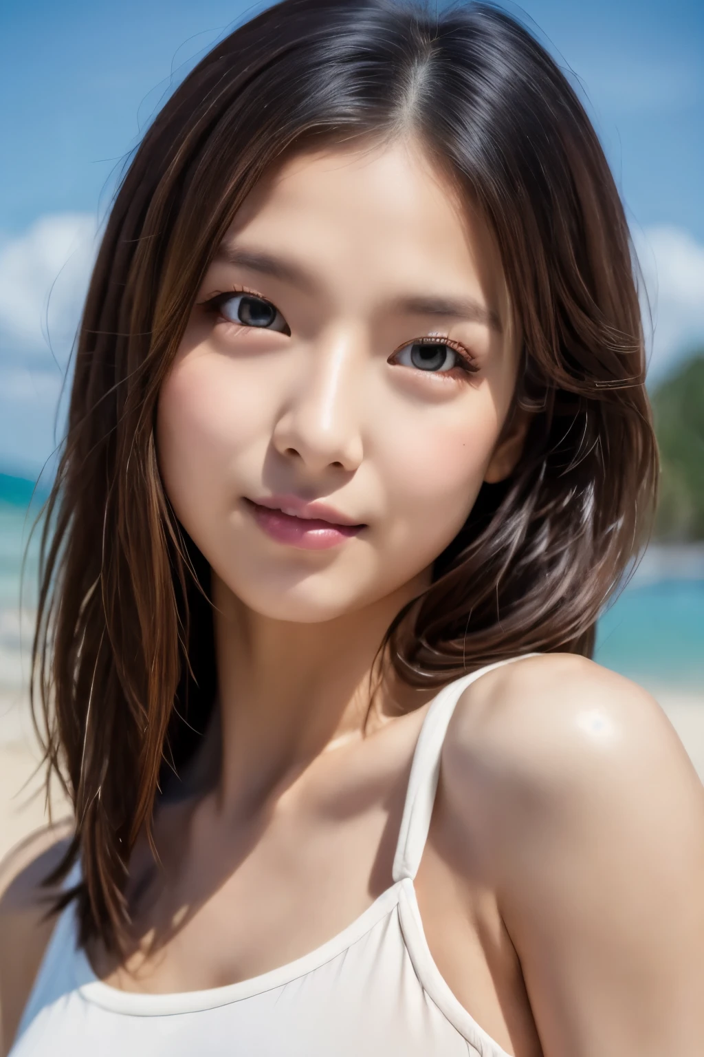 (Photorealsitic:1.4)、(hyper realisitic:1.4)、(realisitic:1.3)、(Smooth lighting:1.05)、(Improved lighting quality in movies:0.9)、32K、1girl in、20 years girl、Realistic lighting、Back lighting、Facial light、raytrace、(brightened light:1.2)、(enhanced quality:1.4)、(Top quality real texture skins:1.4)、finely eye、finerly detailed face、Fine quality eye、(Tired, sleepy and satisfied:0.0)、 close up of face、t-shirts、(enhance body line mood:1.1)、(Increase the beauty of skin texture:1.1)、the beach、swim wears