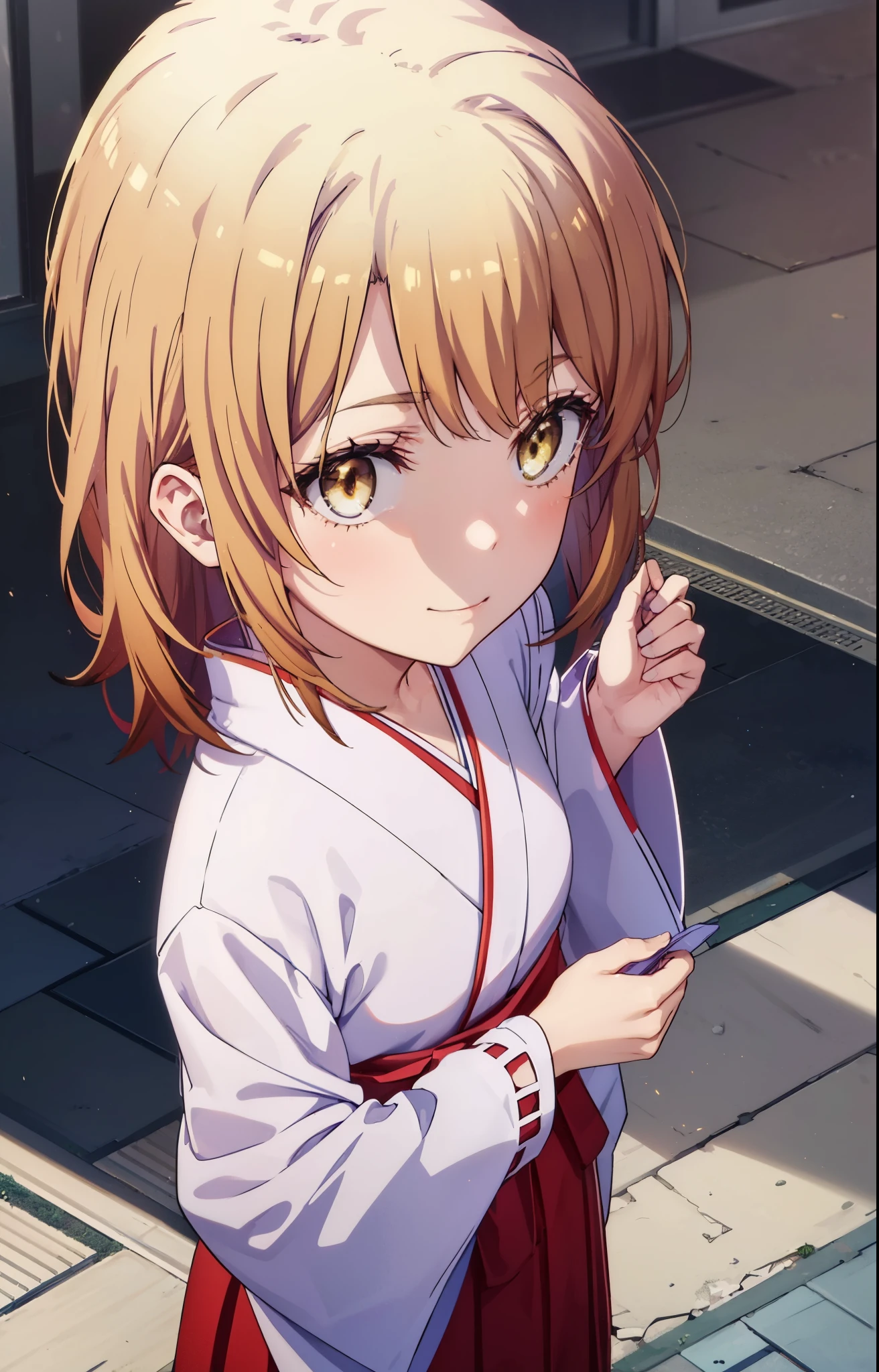 irohaisshiki, iroha isshiki, long hair, brown hair, (brown eyes:1.5), smile,Platycodon,Miko, kimono, kimono,red hakama,white foot bag,Zori sandals, same as skirt, wide sleeve, long sleeve, ribbon trim sleeves, looking down from above,
very long hair, dull bangs, low ponytail,
break outdoors, 神社
break looking at viewer, (cowboy shot:1. 5)
break (masterpiece:1.2), highest quality, High resolution, unity 8k wallpaper, (figure:0.8), (detailed and beautiful eyes:1.6), highly detailed face, perfect lighting, Very detailed CG, (perfect hands, perfect anatomy),