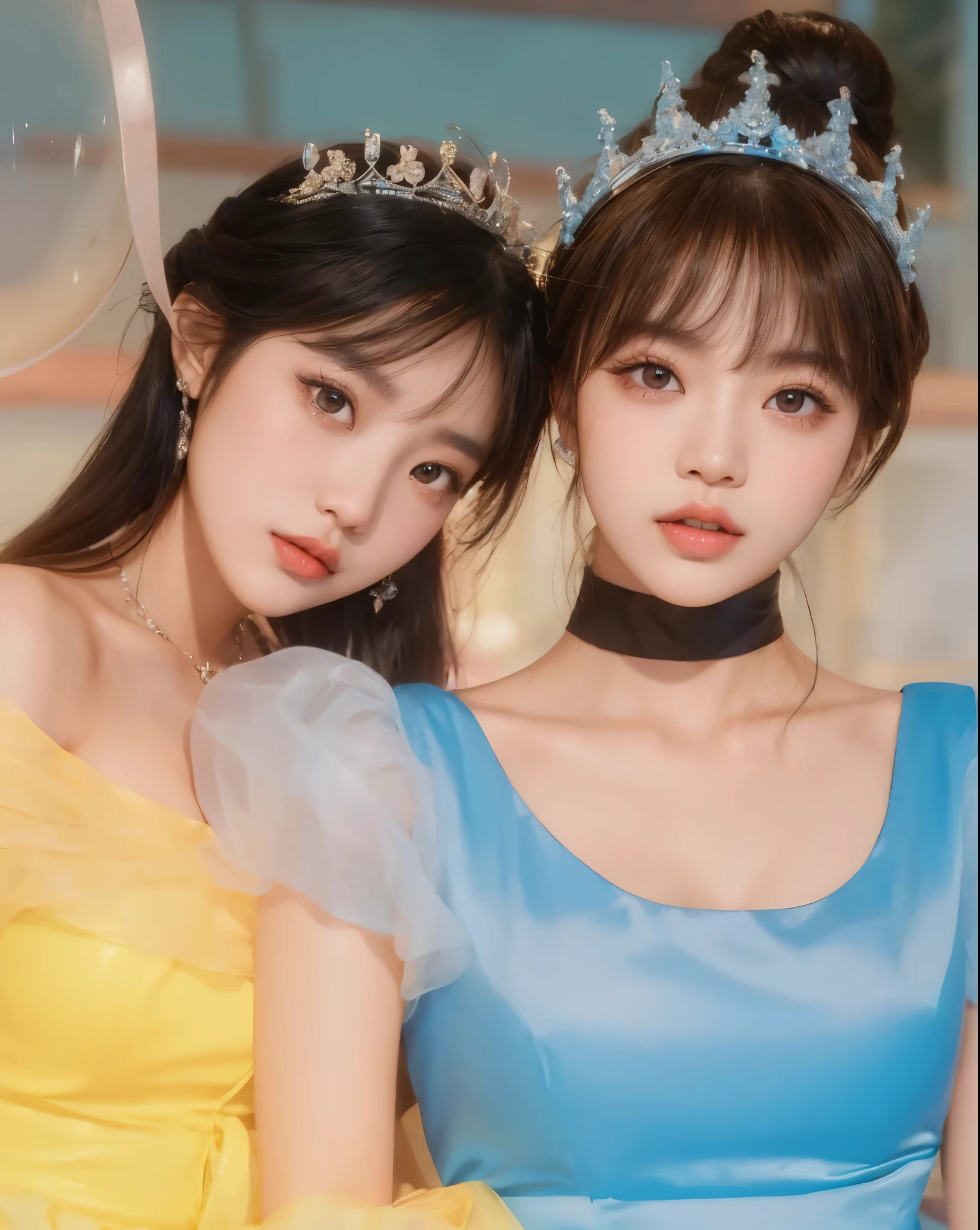 two asian women wearing tiables and dresses posing for a picture, lalisa manobal, ulzzang, 8k)), twice, tzuyu from twice, nixeu and sakimichan, 🚿🗝📝, sakimichan, beautiful gemini twins, aesthetic!!!!!! female genie, beautiful gemini twins portrait, 4 k ], 4k]