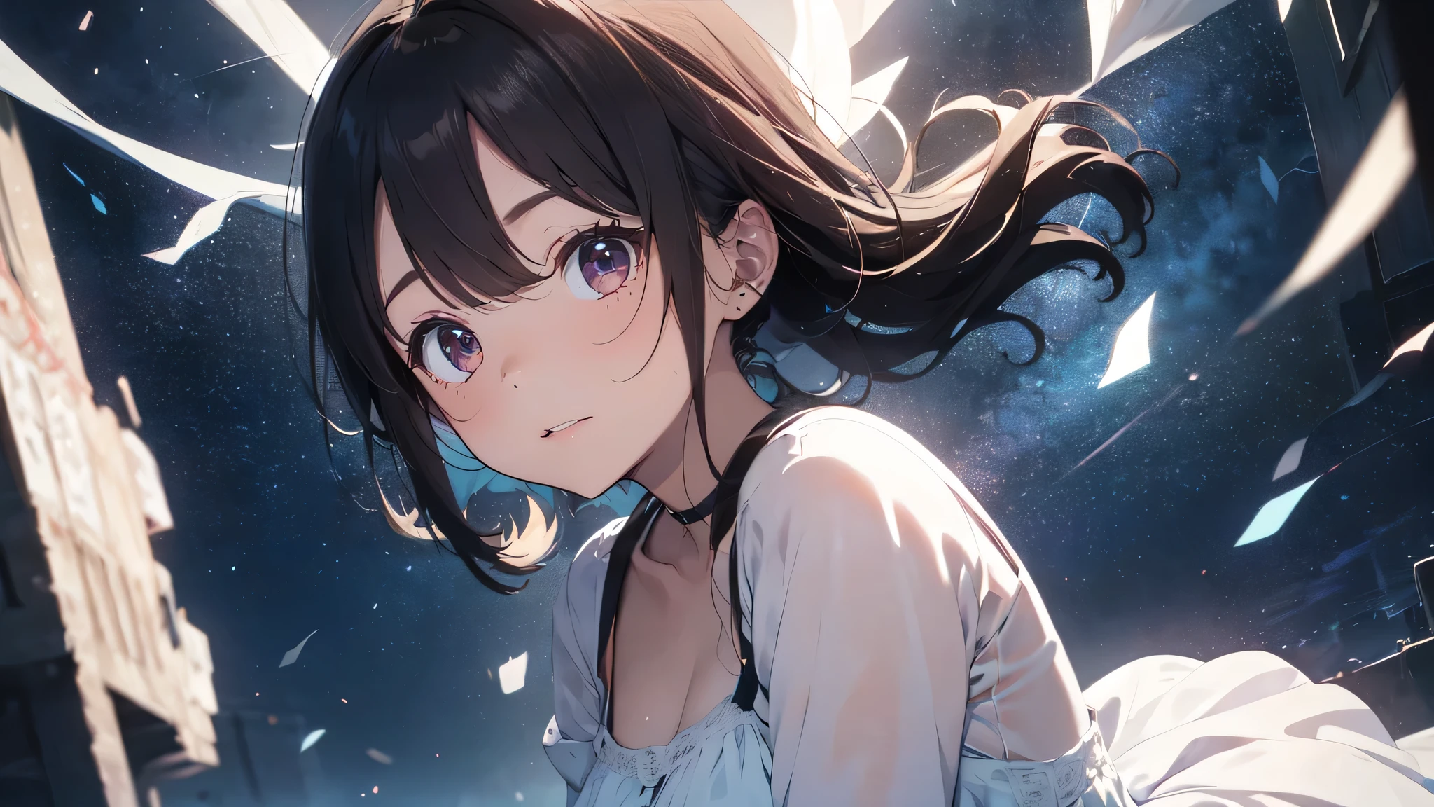 Portrait of a beautiful girl who respects Kurehito Misaki、delicate、be familiar with、masterpiece、real stick、3D background、background with depth、Realistic exaggeration of changes in material texture、exaggeration of brilliance、strongest super skill、blue sky、white dress